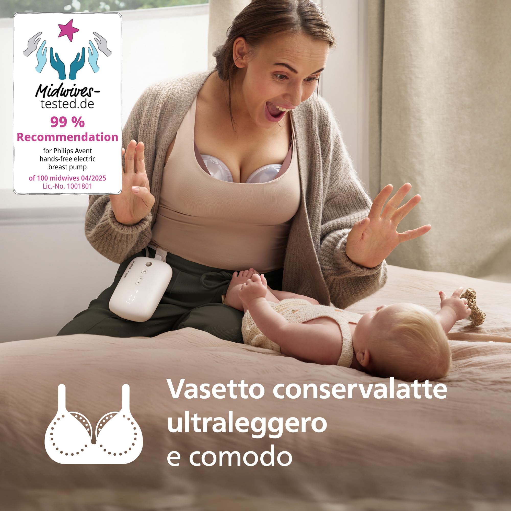 PHILIPS Avent tiralatte elettrico doppio a mani libere, con motore di qualità ospedaliera, che imita il ritmo di suzione del bambino, estrazione fino a 85 volte al min, 2 vasetti, SCF547/11