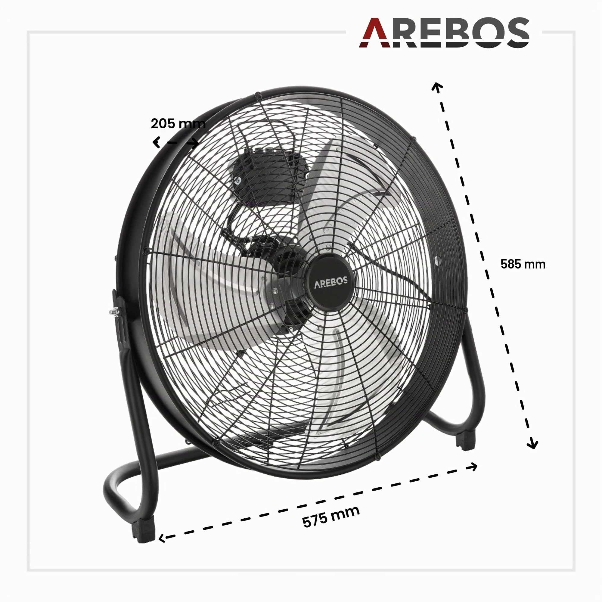 AREBOS Ventilatore da pavimento Ø50 cm | Ventilatore | 3 velocità | Elevata portata d'aria | Angolo di inclinazione regolabile a 100° | Nero