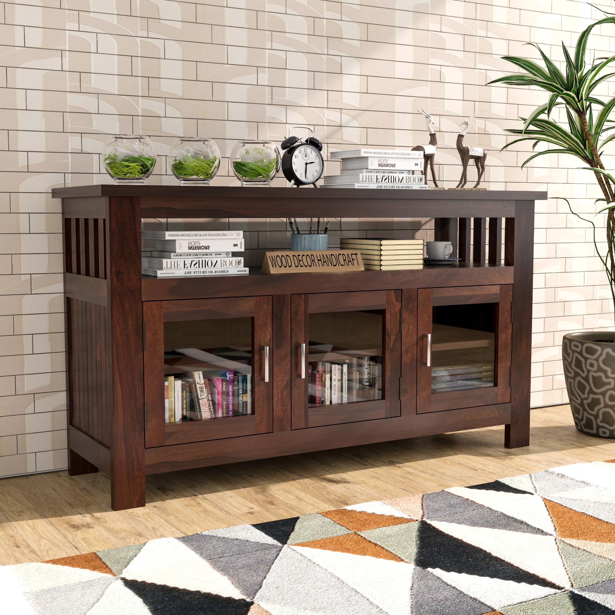 WOOD DECOR HANDICRAFT Sheesham Wood Kitchen Cabinet with Glass Door | Kitchen Display Cabinet Storage,Crockery Rack | Dining Room Furniture (Walnut Finish)-image-14