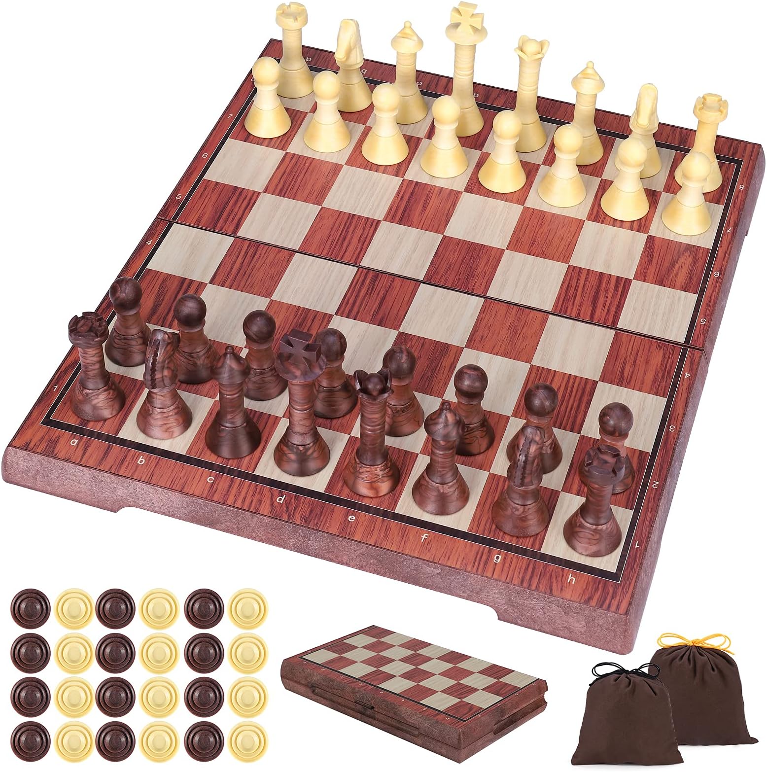 iBaseToy Magnetic Travel Chess Set, 2 in 1 Chess and Draughts Set Chess Checkers Game Set for for Kids and Adults, Foldable/Portable Board with 2 Storage Bag - 36 x 31cm