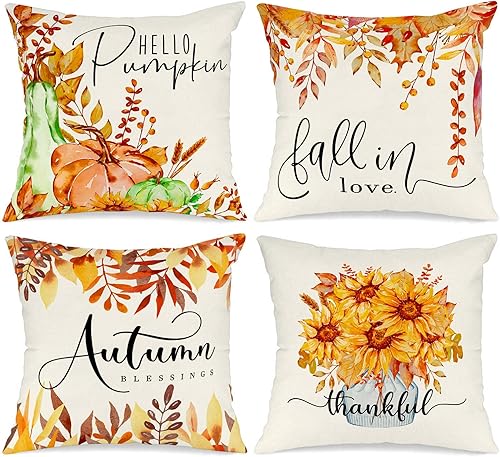 Ywlake Juego de 4 fundas de almohada de otoño de 16 x 16 pulgadas, diseño de girasol, calabaza, girasol, vacaciones, 16 x 16 pulgadas, fundas de