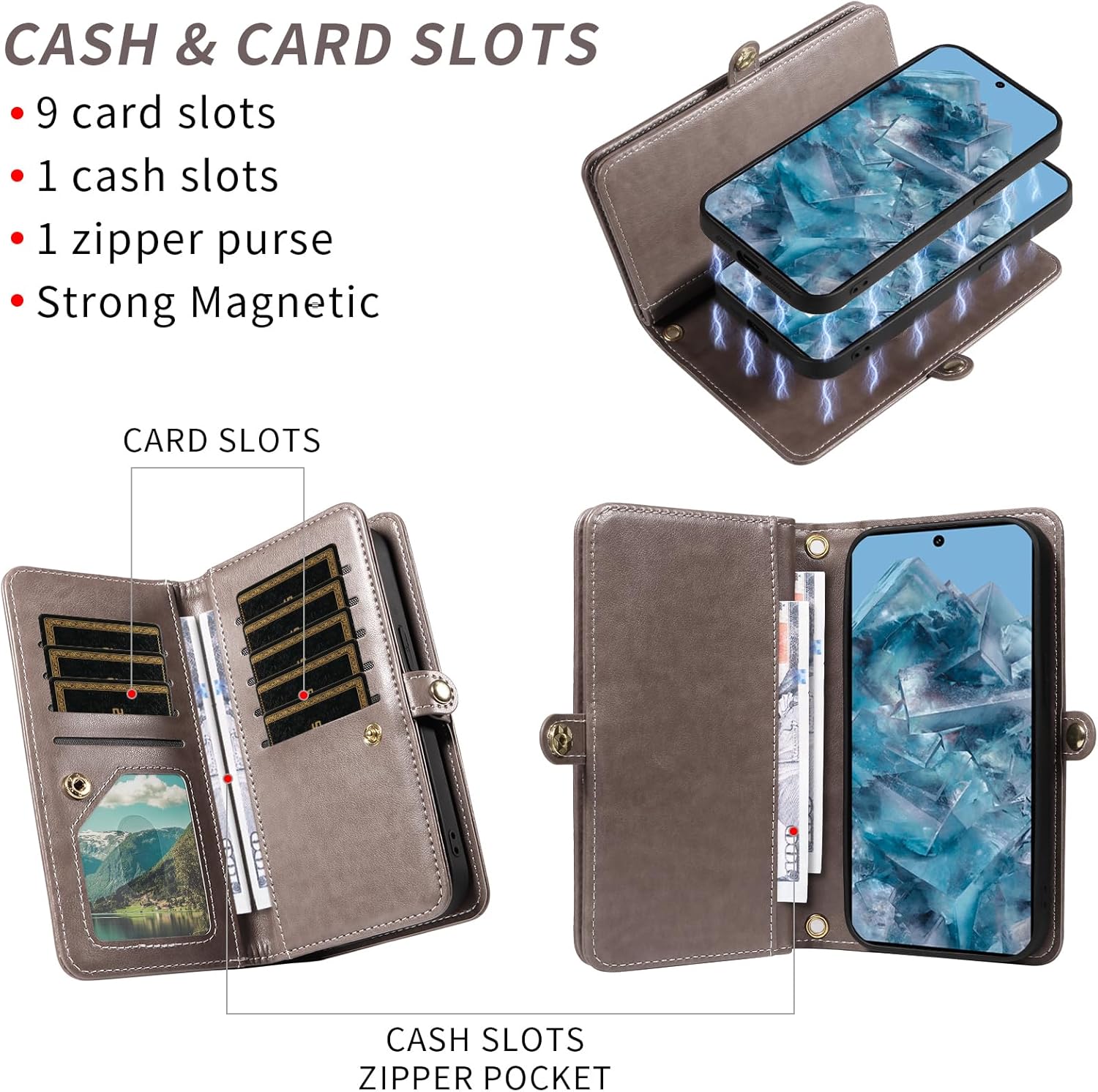 Asuwish Phone Case for Google Pixel 8 Pro 5G Zipper Wallet Detachable Cell Cover with Tempered Glass Screen Protector Crossbody Strap Flower Card Holder Pixel8Pro Pixel8 XL Eight 8Pro Women Girls Gray