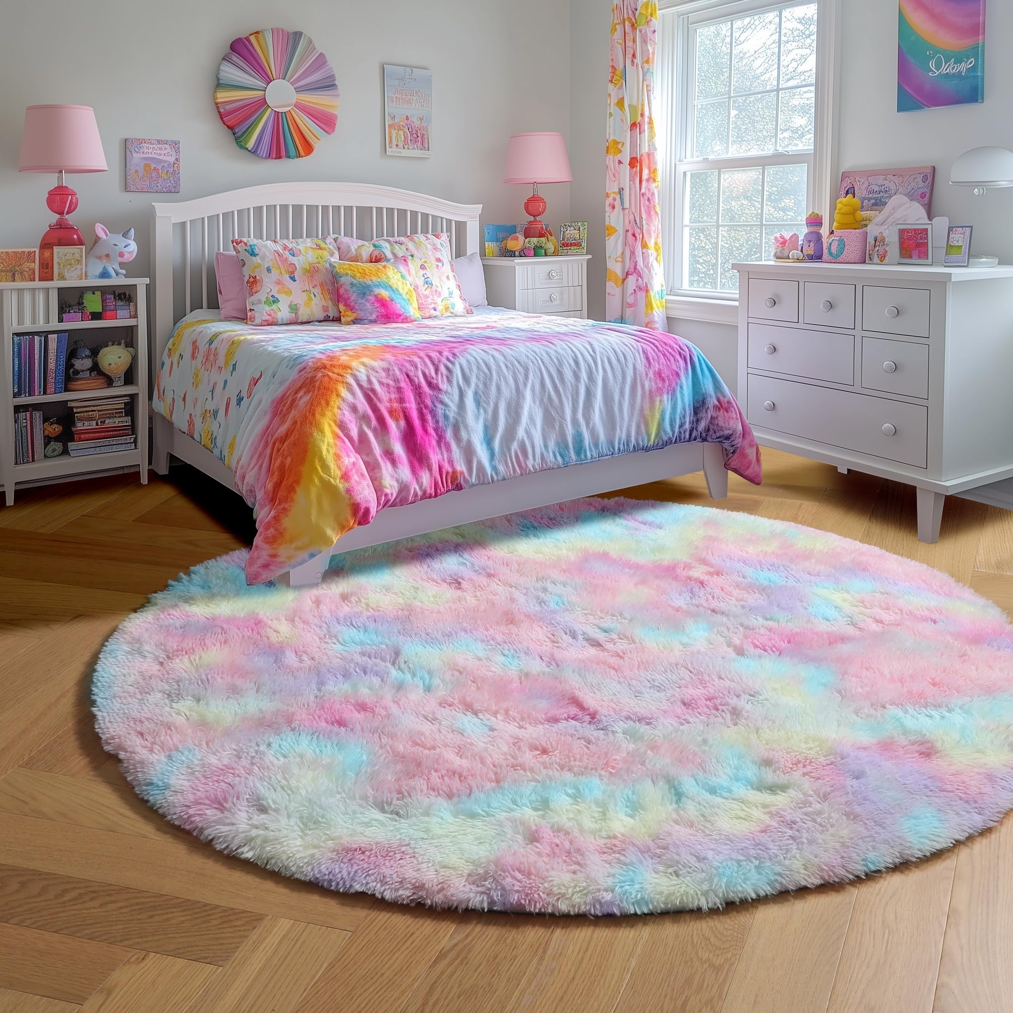 Amdrebio Tapis rond moelleux arc-en-ciel pour chambre de fille, tapis coloré pastel à poils longs, tapis kawaii doux et pelucheux pour chambre de bébé ou salle de jeux, 1,2 m