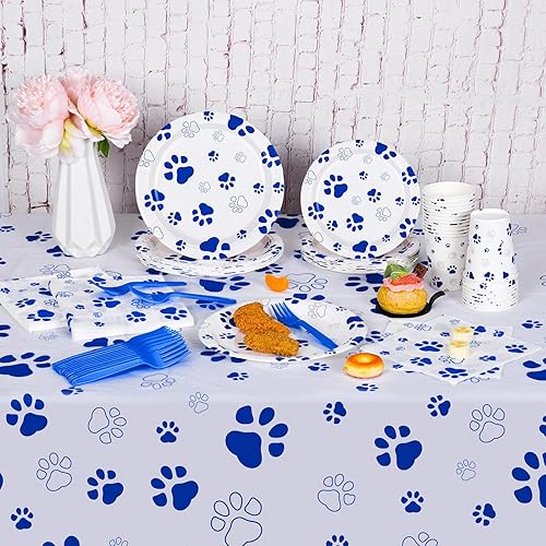 Miniatura 5 de durony 121 piezas de suministros de fiesta con estampado de pata azul para perro, mantel de cumpleaños para perros, platos, servilletas, tenedores y