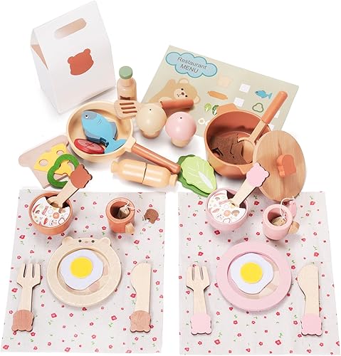 Juego de cocina de madera de 46 piezas, accesorios de cocina de juguete de comida para jugar