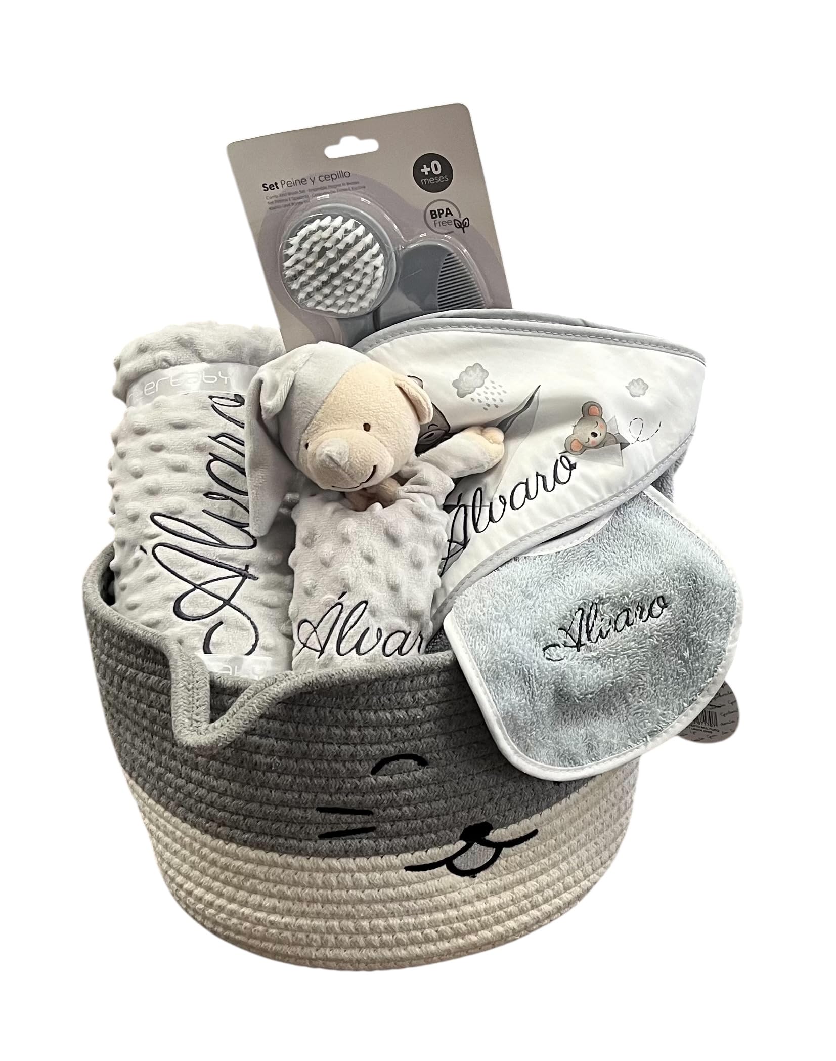 Danielstore Canastilla Bebé Personalizada Cesta Regalo Incluye Manta + Dou Dou + Toalla Baño Bebé + Babero Personalizado Regalo para Recién Nacidos (Gris Cesta Multiusos Peine)
