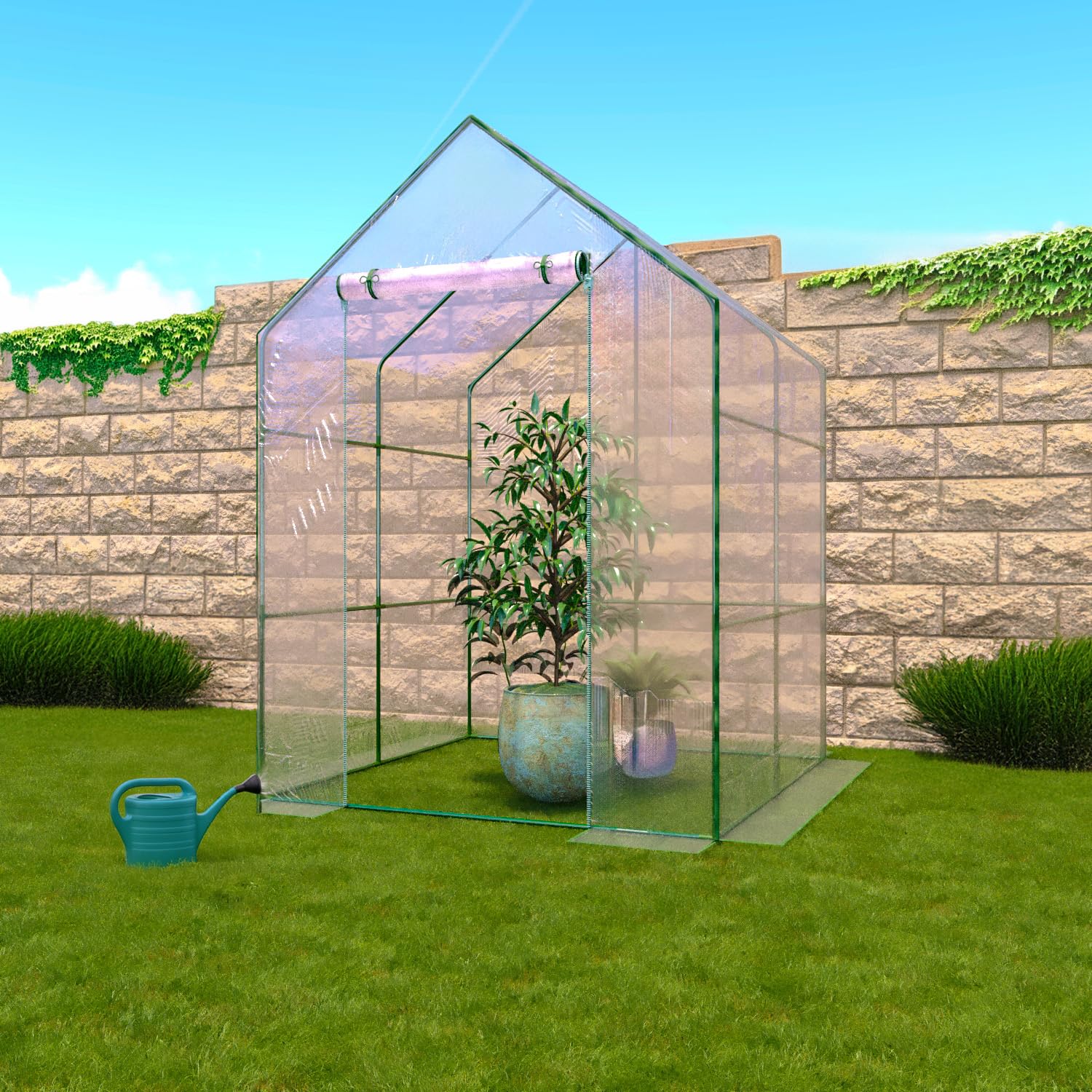 Serra A Casetta Orto Giardino Terrazzo Balcone Senza Ripiani Struttura Metallo Verniciato Telo Trasparente PVC Porta Avvolgibile Apertura A Cerniera Protezione Piante Giardinaggio 140 x 140 x 195 Cm