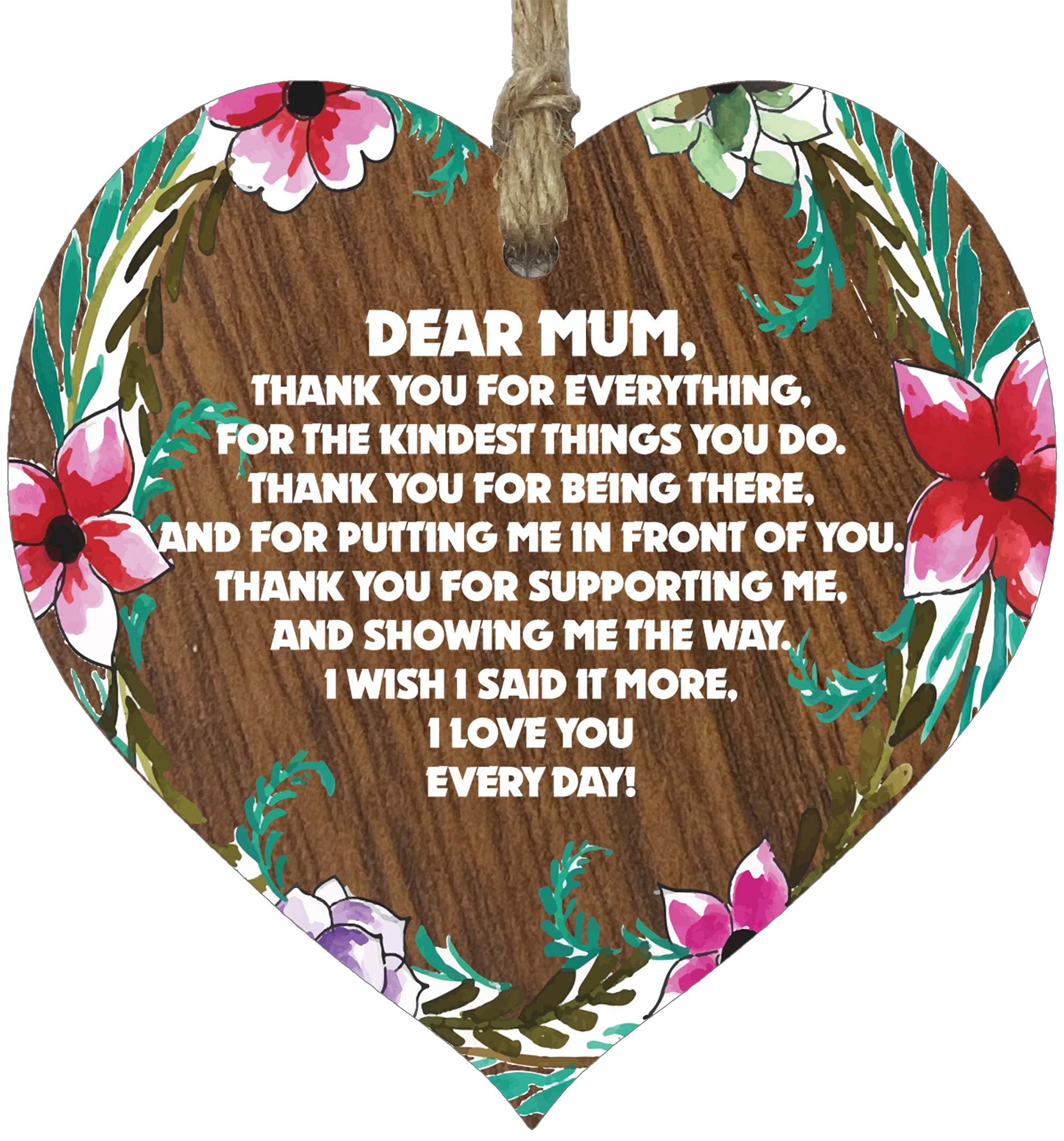Dear Mum Thank You Gifts Wooden Heart Plaque, Light Wood Sign, Mothers Day Gift for Mum, Worlds Best Mum Hanging Wood Heart, Mummy Mother, Presents for Mum on her Birthday, Mum Gifts From Daughter