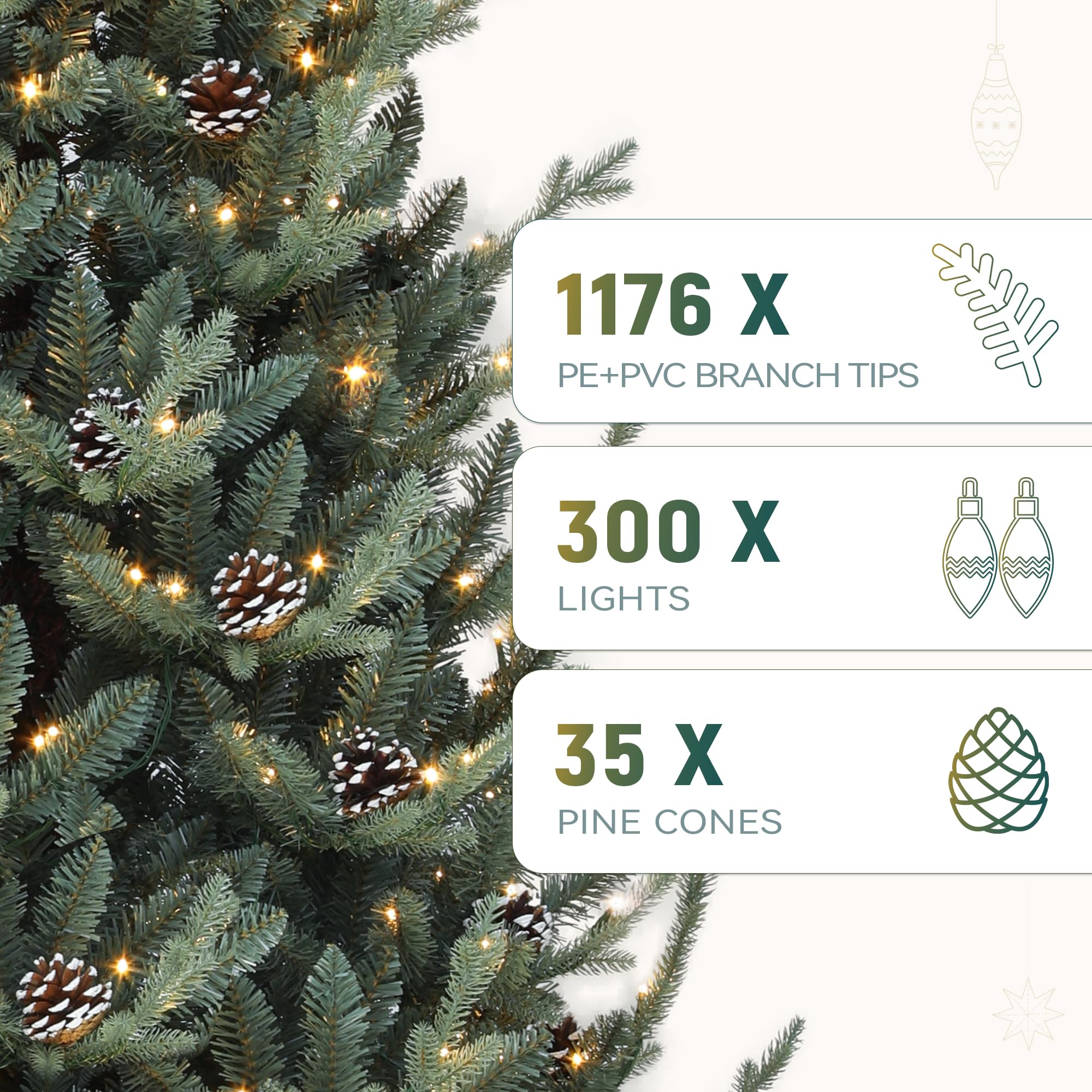 YITAHOME Sapin de Noël Artificiel pré-décoré de 1,8 m avec télécommande, Technologie de charnière, 1176 Pointes Mixtes PE/PVC, 35 Pommes de pin, 300 lumières et 11 Modes d'éclairage