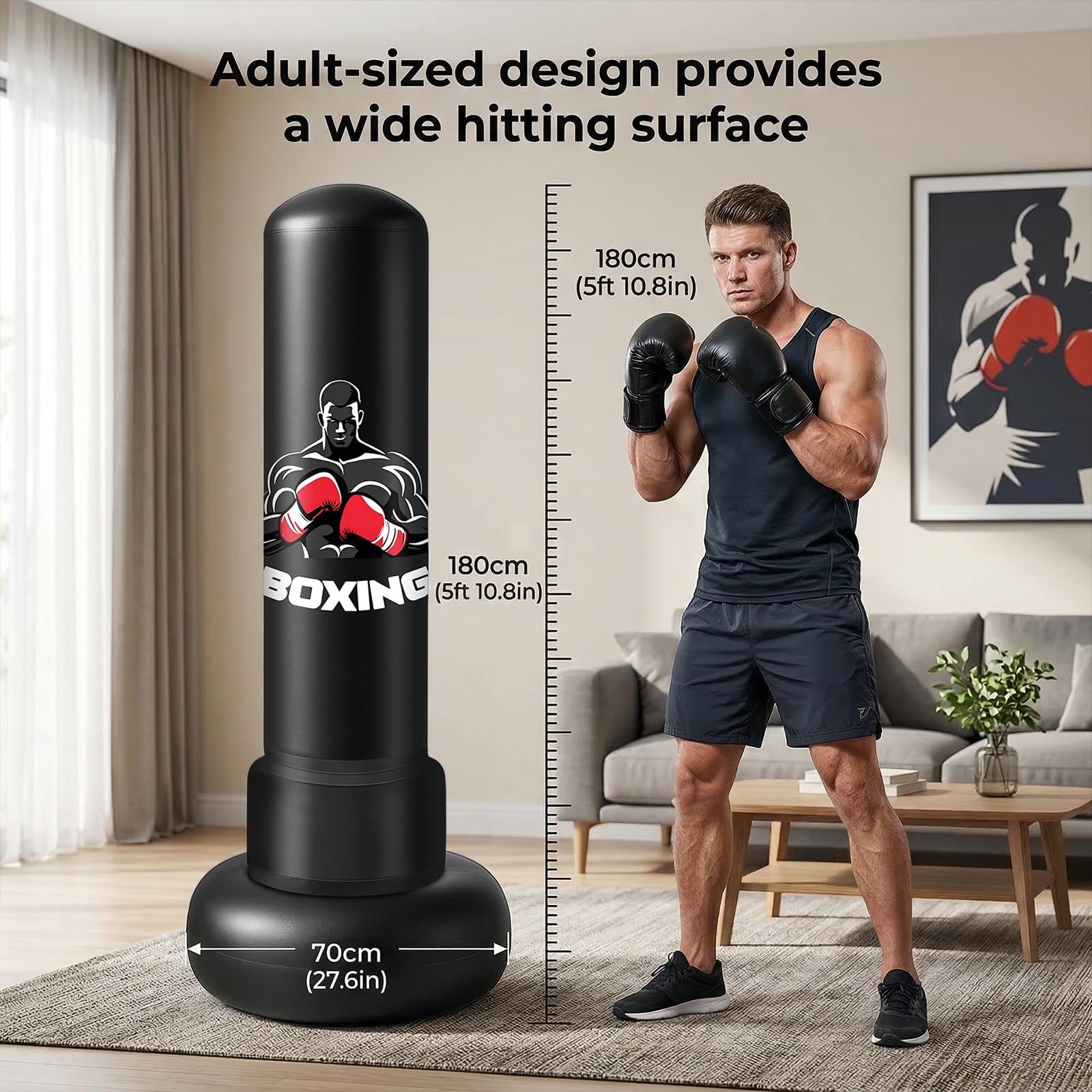 Oziral Sac de Frappe autoportant pour Adultes 180 cm Sac de Boxe Gonflable avec Support PVC épais Gants de Boxe Noirs et Pompe à air – Entraînement à Domicile pour MMA Muay Thai Kickboxing - 5