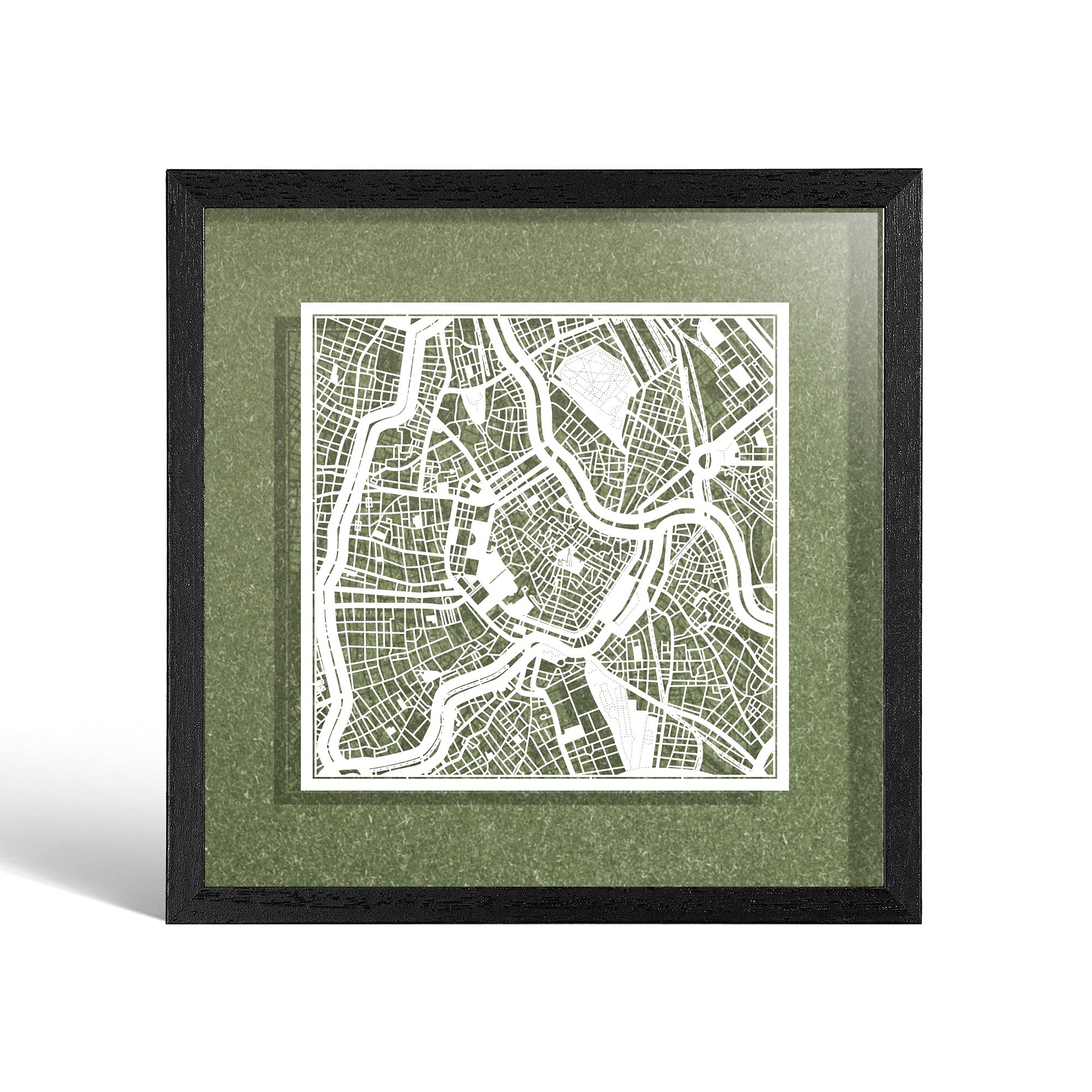 O3 DESIGN STUDIO Vienna Paper Cut Map framed, White map, Black frame, 23x23 cm, Gift Boxed, 4 background color, self-changing, Paper Art