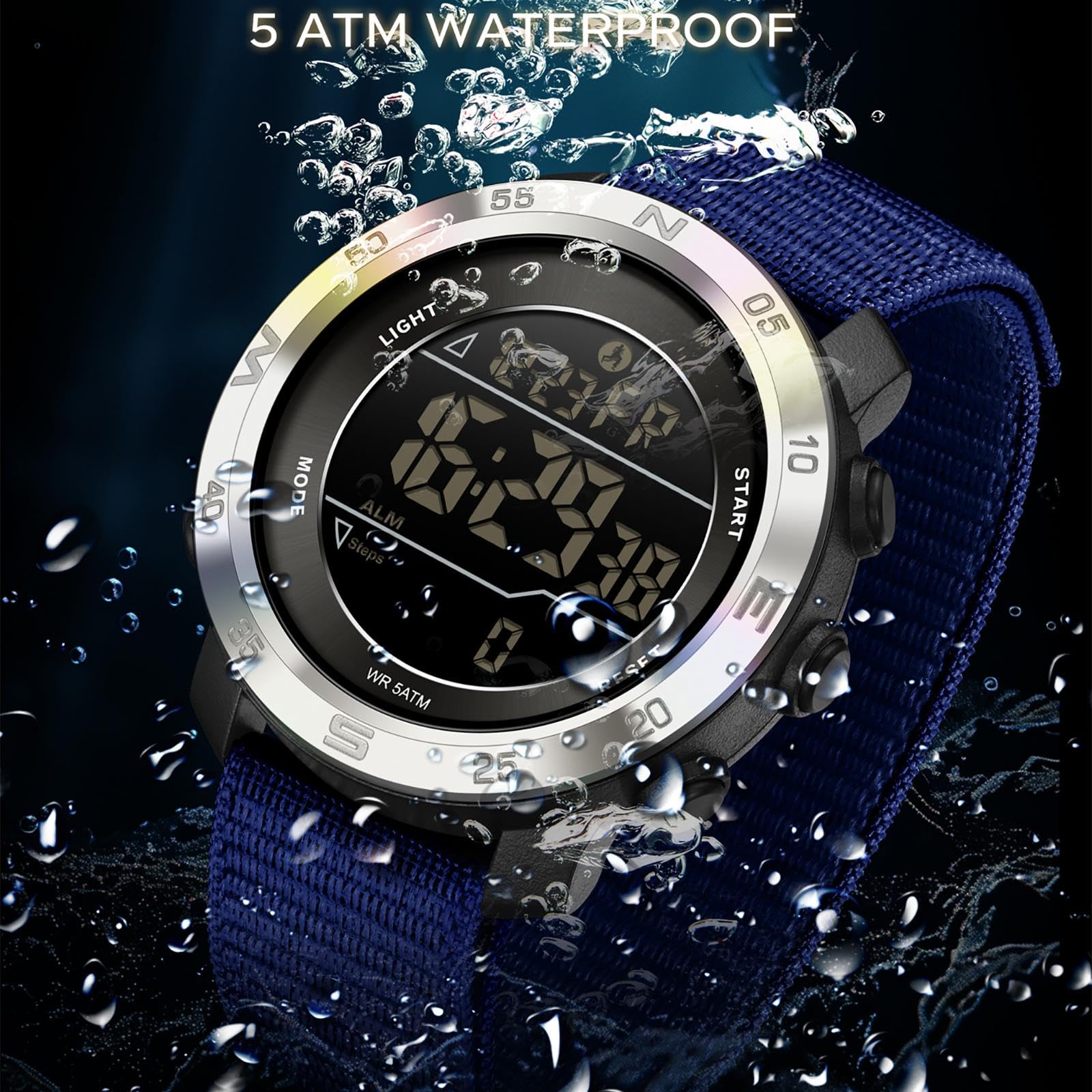 Montre avec compteur de pas, pas besoin de téléphone, podomètre, montre numérique pour homme et femme, avec calories, distance, alarme, compte à rebours, bracelet en nylon
