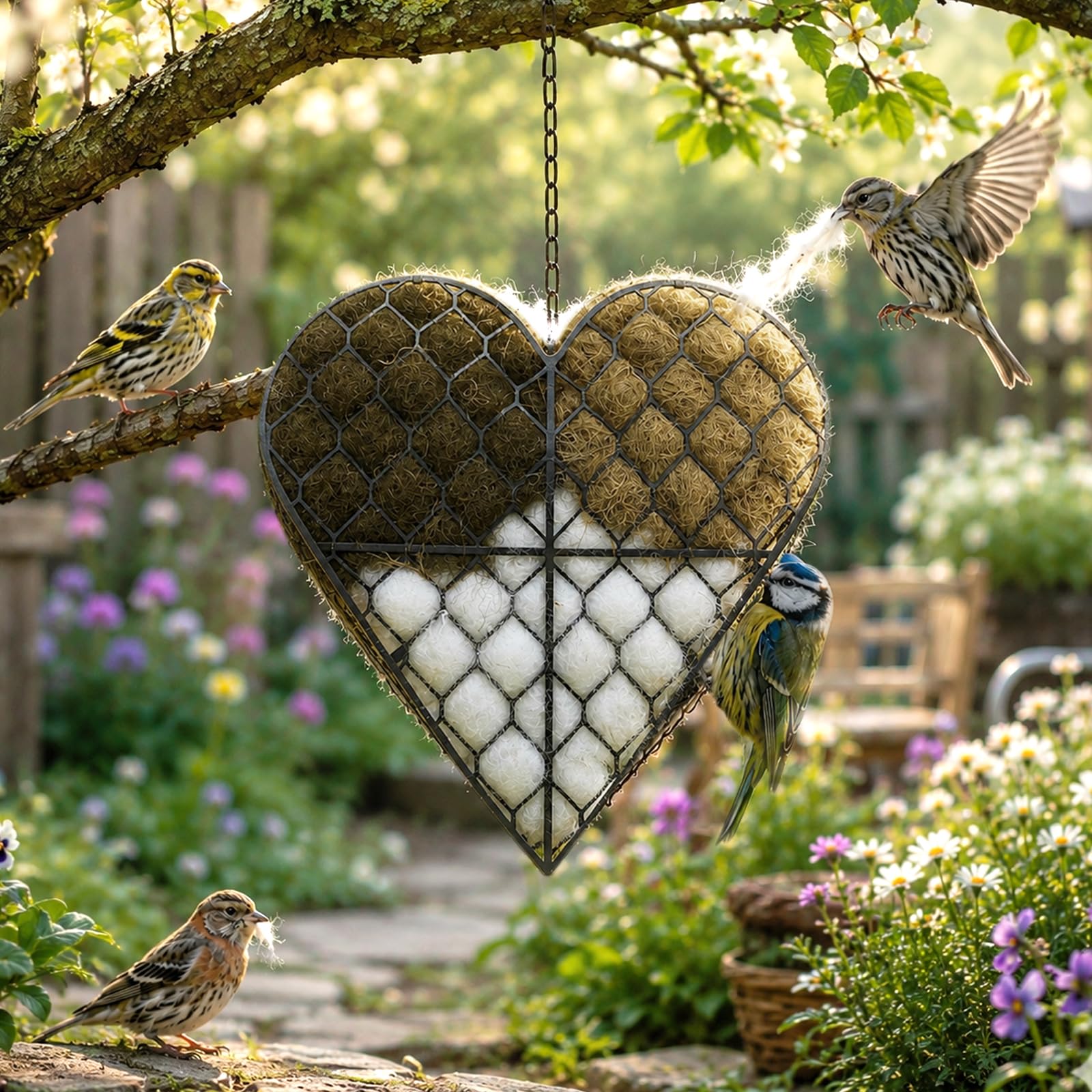 Handmade Bird Nesting Heart with Natural Wool, Refillable Bird Nesting Material Holder, Decorative Bird Houses for Garden, Ideal Nesting Material for Wild Birds, for Bird Boxes for Gardens