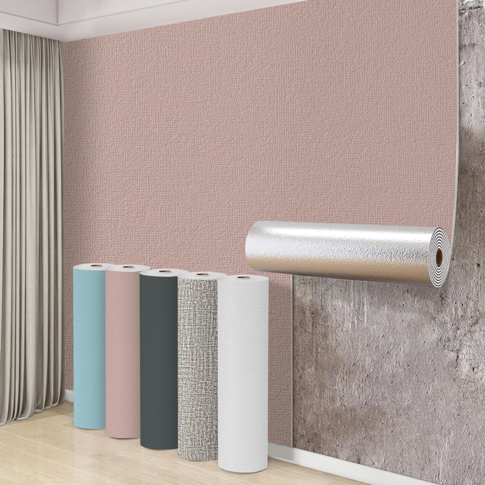 Swehooirt 3 Roll Self Adhesive Thermal Wallpaper 3mm Thick Peel and Stick Wallpaper for Bad Cold Walls Liner Textured Pink Insulating Wall Covering Roll Waterproof Damp Proof Ceiling Panels Kitchen