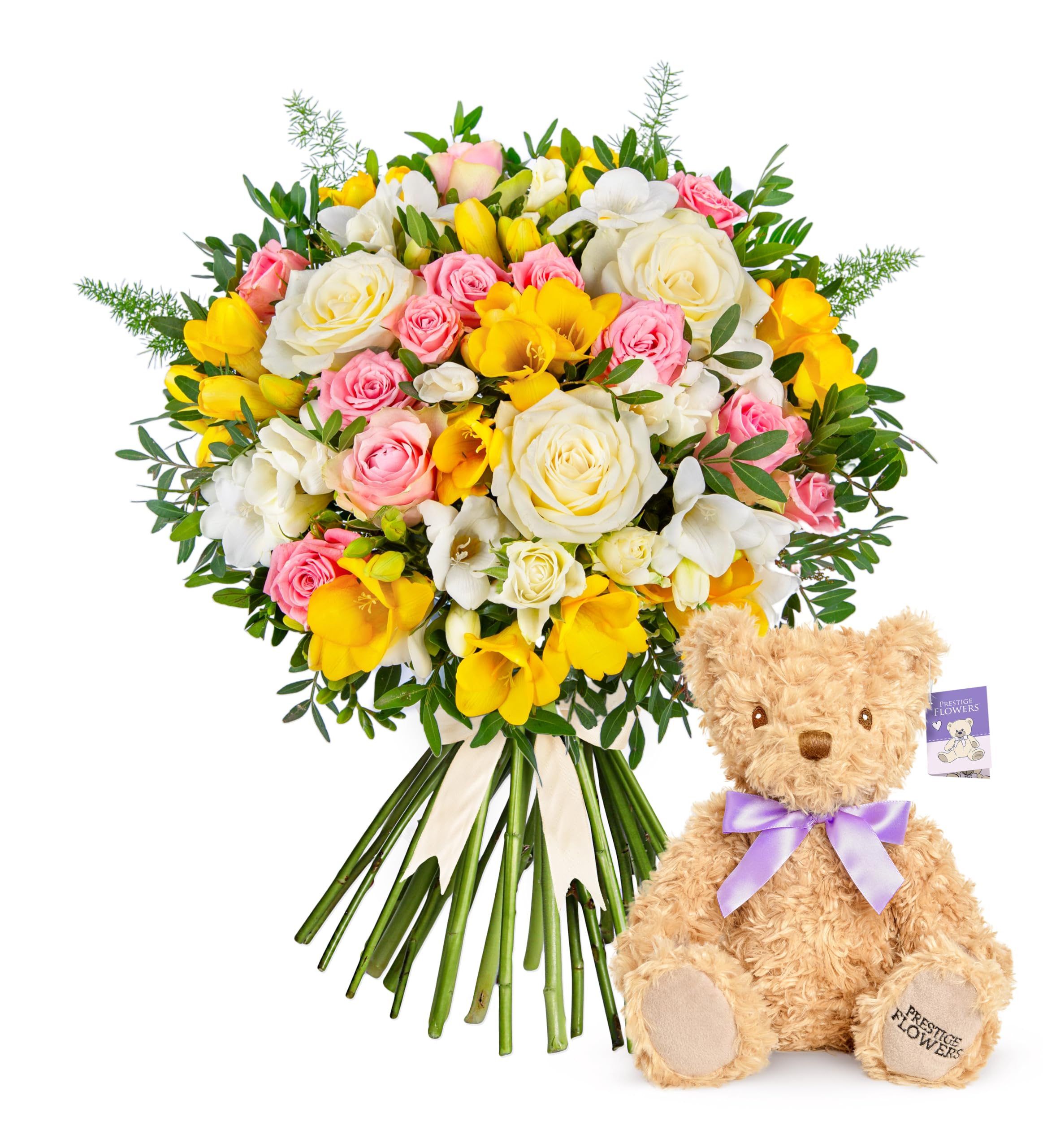 Rose and Freesia - Fresh Flowers - Birthday, Anniversary, Get Well, Thank You, Occasion Flower - Cut Floral Arrangement for Gifts, Weddings, Sympathy, Celebrations (+ Teddy Bear)