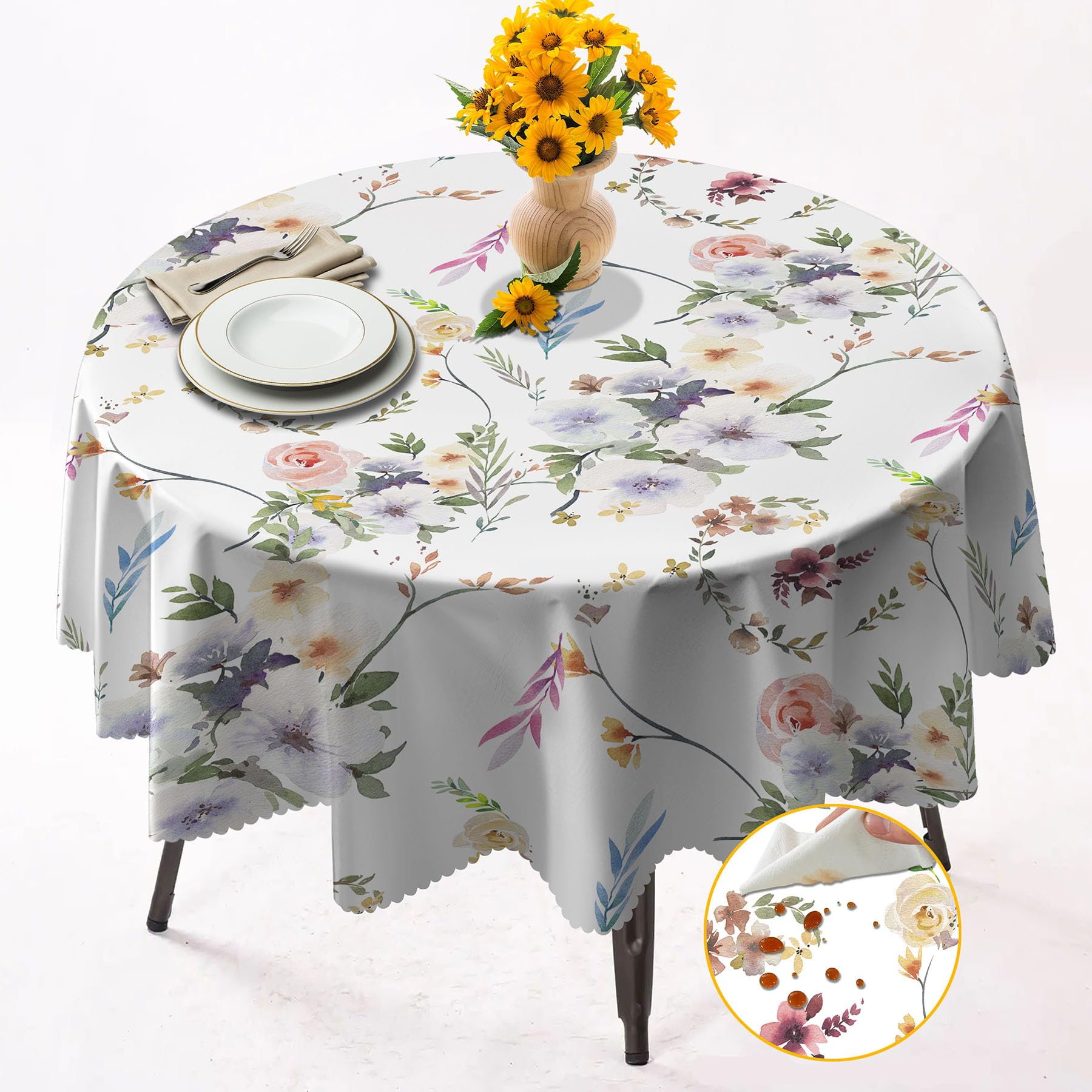 Round Tablecloth 152cm Wrinkle Free Washable Polyester Table Cloth for Circular Table, Home Dining Party Use,Watercolor Flower Round Wipe Clean Tablecloth 60 Inches (Color 08)