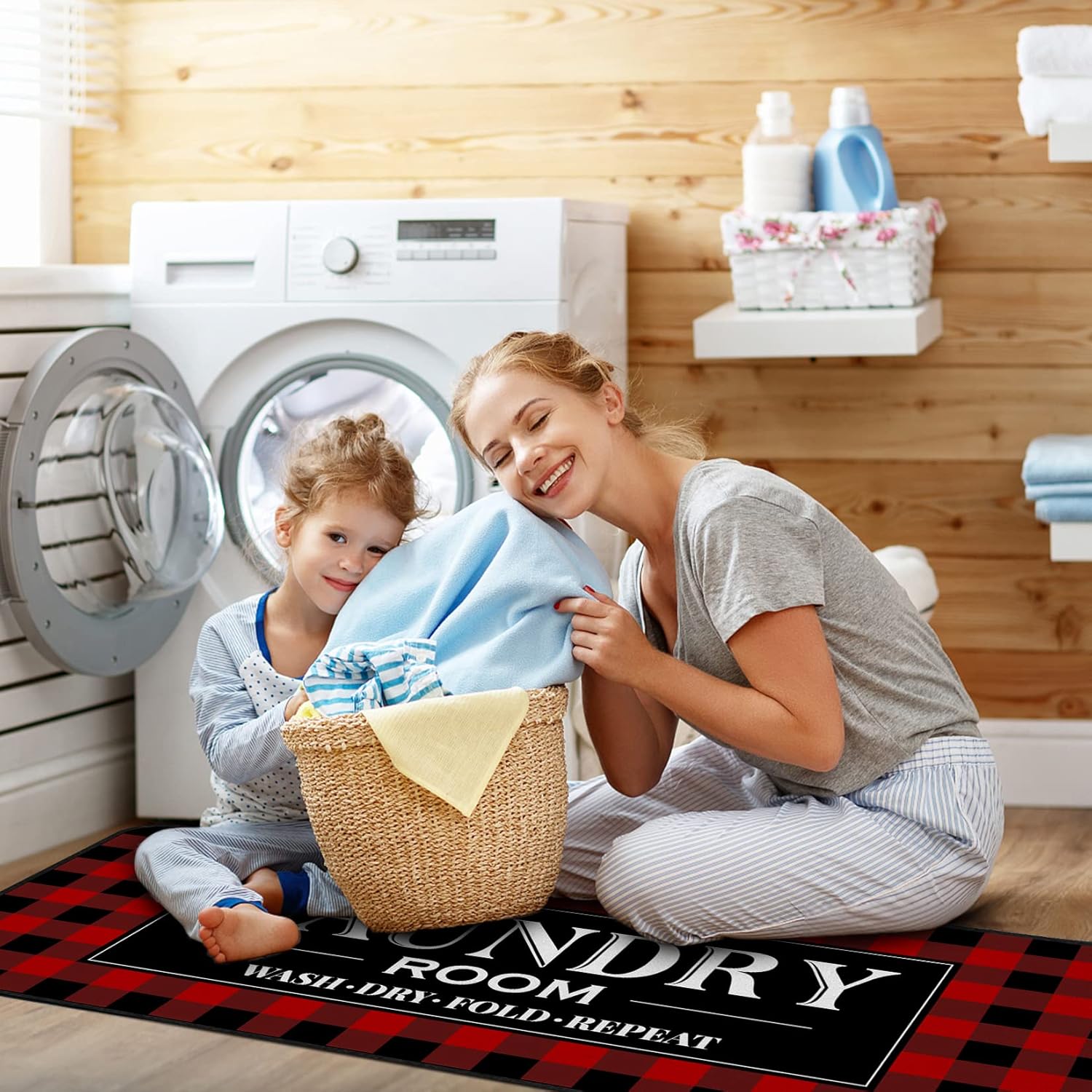 ROMAMIGO Laundry Room Rug Runner Non Slip Laundry Mats Mudroom Laundromat Runner Farmhouse Kitchen Floor Mat Bathroom Laundry Room Decor Accessories(20 X 47 inch, Red Buffalo Plaid)