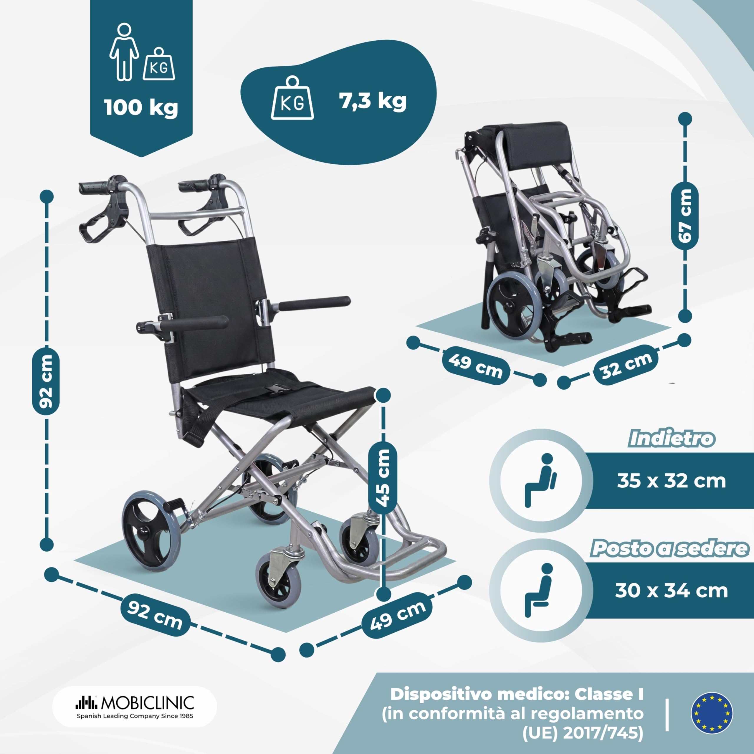 Mobiclinic, Sedia a rotelle da transito, Neptuno, Alluminio, Pieghevole, Freno sulle maniglie, Marchio europeo, Poggiapiedi pieghevoli, Braccioli, Leggero, Cintura di sicurezza, Ergonomia