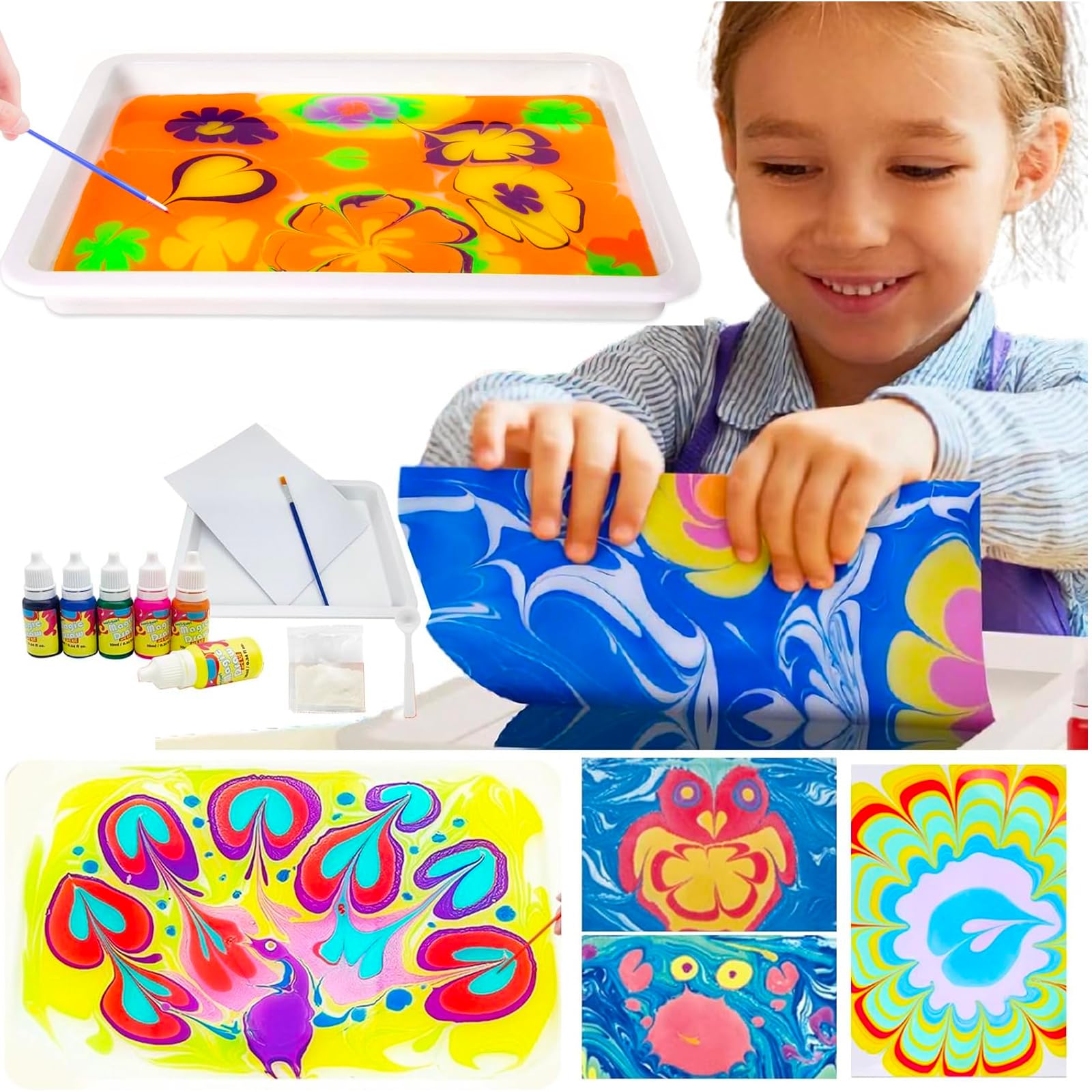 Marbling Paint for Kids, Creative STEM Toys Art Suppliers, Creative Painting Arts & Crafts for Boys Girls, Water Art for Gifts Boys (Easy kit)