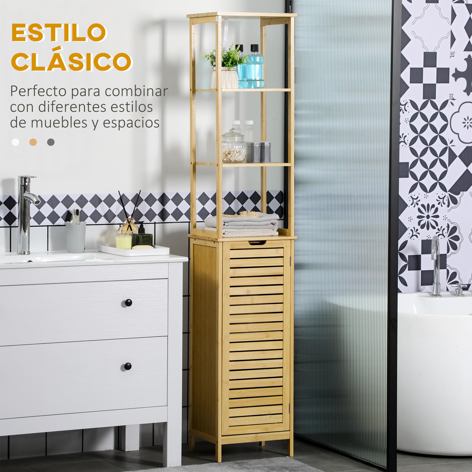 kleankin Estantería de Baño de Bambú Armario Alto para Baño con 3 Estantes y 1 Puerta Mueble Columna de Almacenaje para Salón 34x30x173 cm Natural