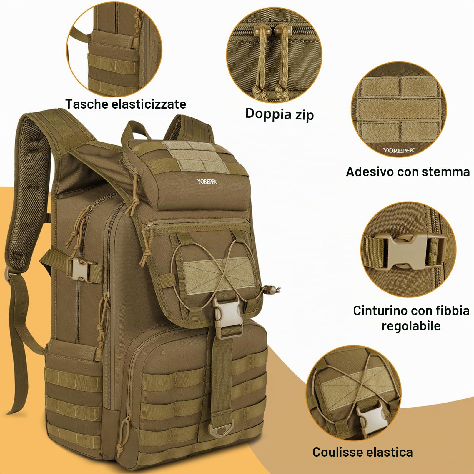 YOREPEK Zaino Militare Tattico 50 Litri, Impermeabile Grand Zaino Trekking | Zaino Tattico Militare con Sistema Molle per Pesca, Scout, Campeggio, Caccia, Escursionismo, Montagna, Palestra, Cachi