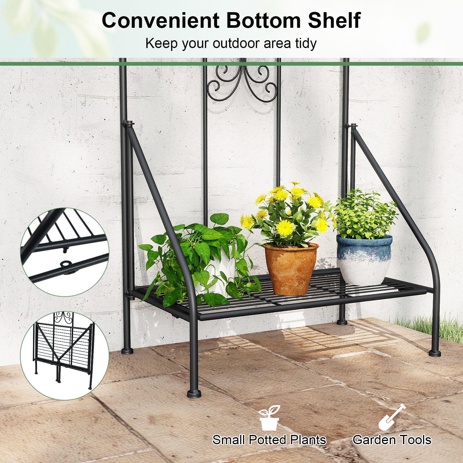 GOPLUS Soporte de Jardín para Plantas Trepadoras, Valla Exterior de Metal con Estante Plegable, Dispositivo Antivuelco para Verduras, Flores y Frutas, para Boda, Fiesta (Negro,2)