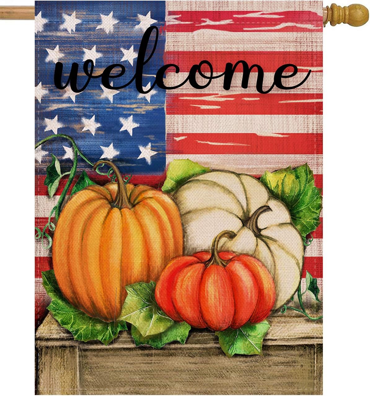 Dyrenson Welcome Fall 28 x 40 House Flag Patriotic Double Sided, Rustic Autumn Harvest Pumpkin Primitive Quote Burlap Garden Yard Decoration, Home Seasonal Vintage Outdoor Décor Large Decorative Flag
