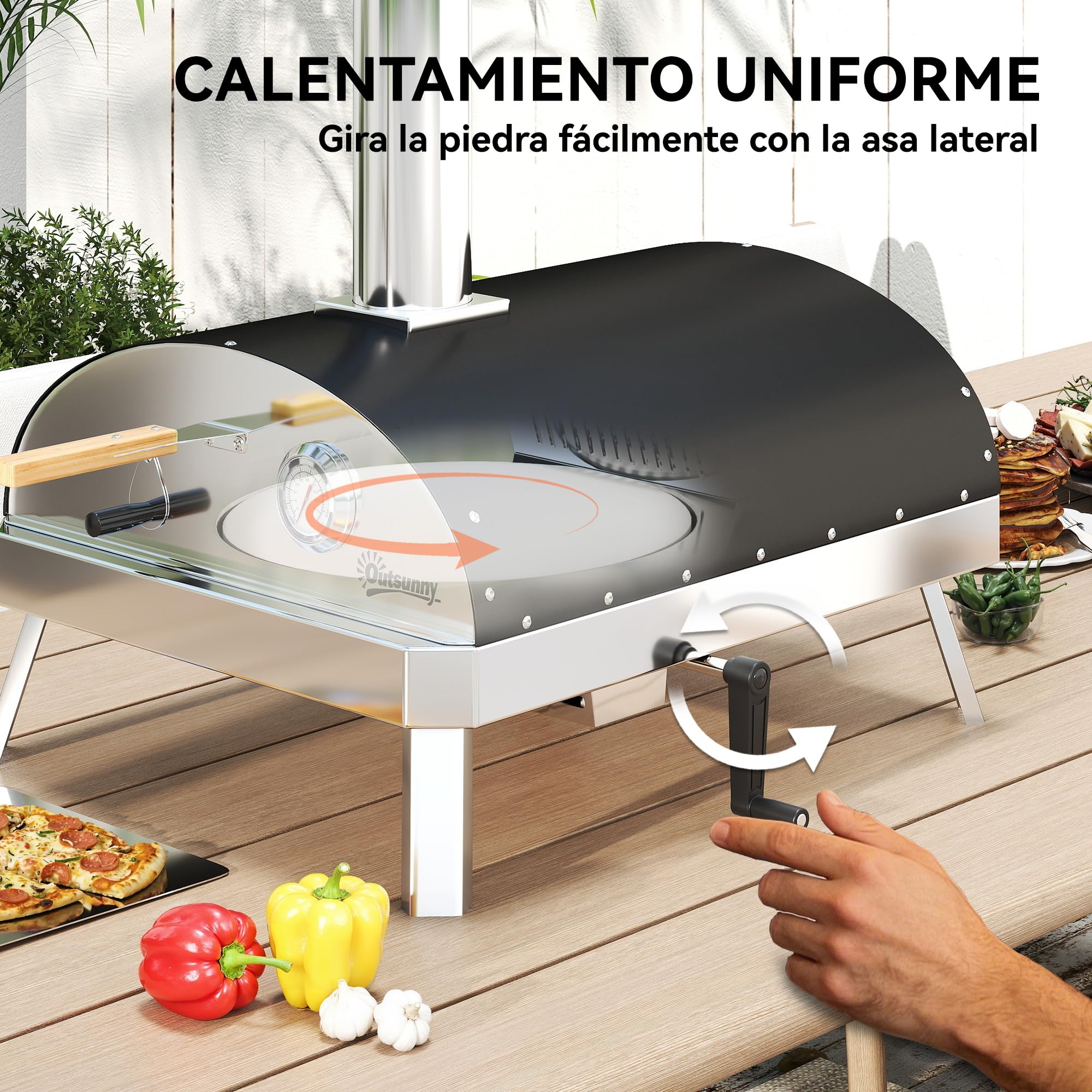 Outsunny Mini four à pizza extérieur portable avec pierre réfractaire Ø33 cm, manches en bois, thermomètre, plateau rotatif