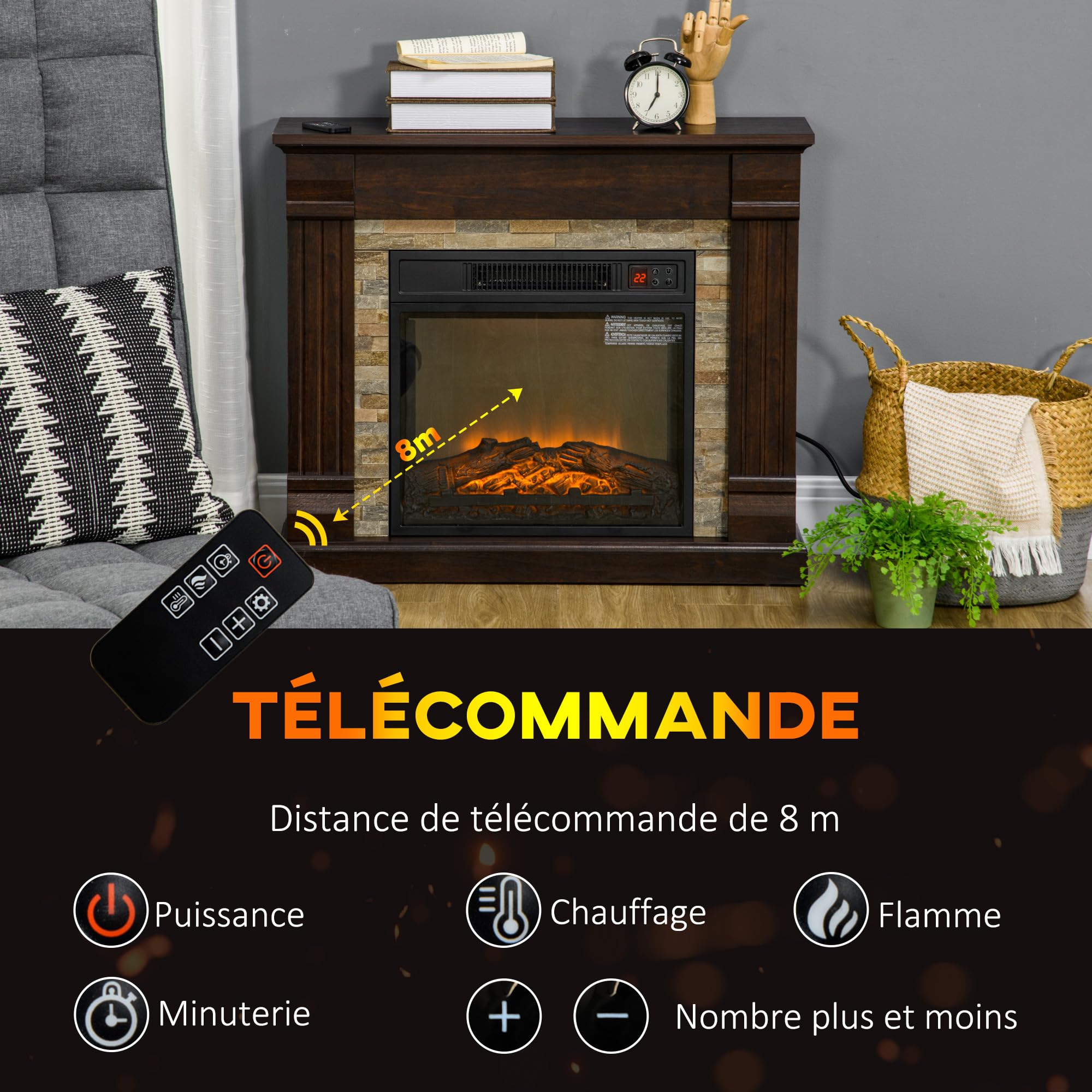 HOMCOM Cheminée Électrique Effet Flamme 1800W 80 x 21,6 x 67,8 cm Marron