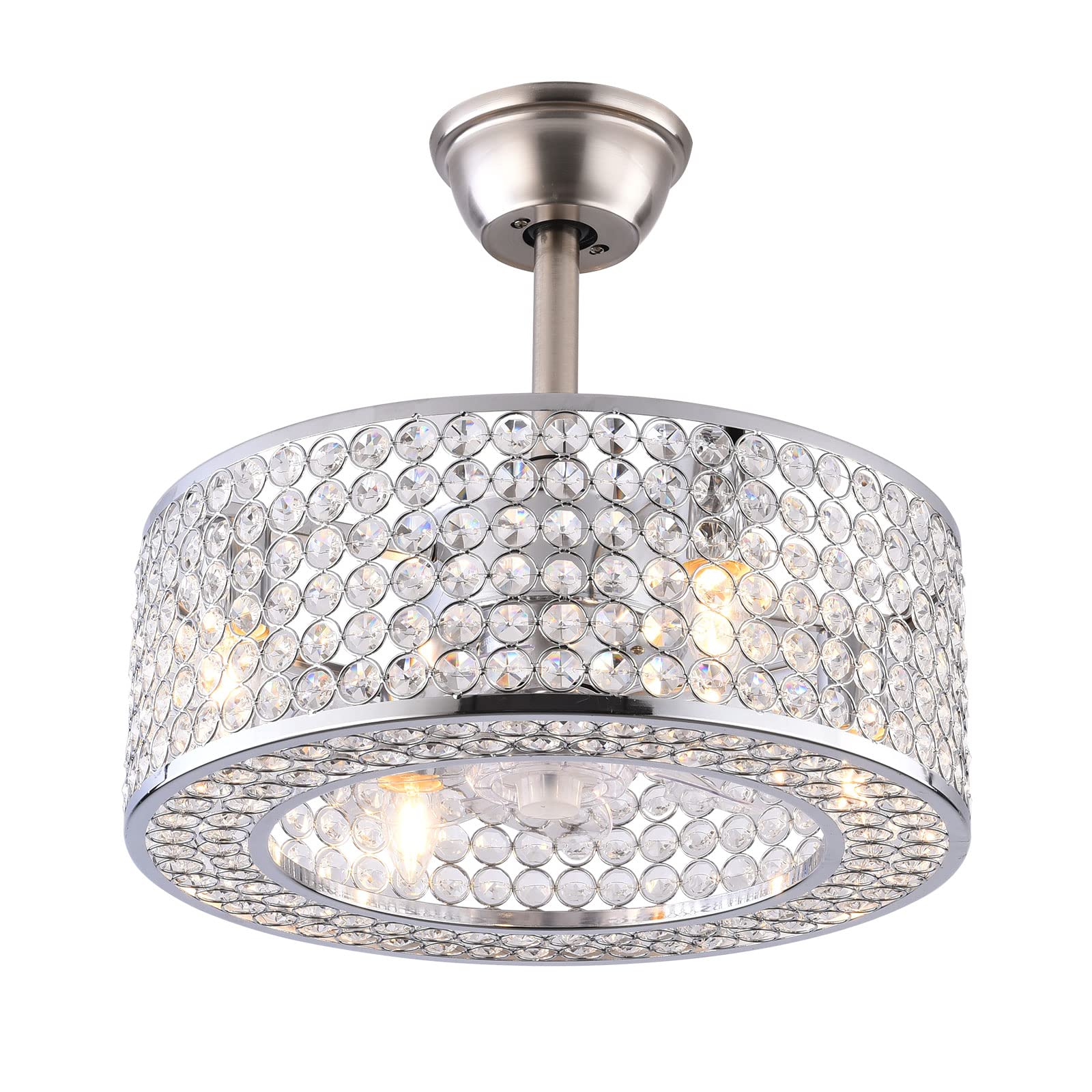 18" crystal caged ceiling fan with lights and remote, 3-speed adjustment, 3 fan timing options, sleep shutdown, chandelier fan for bedroom, living room, dining room, bar, restaurant, hotel