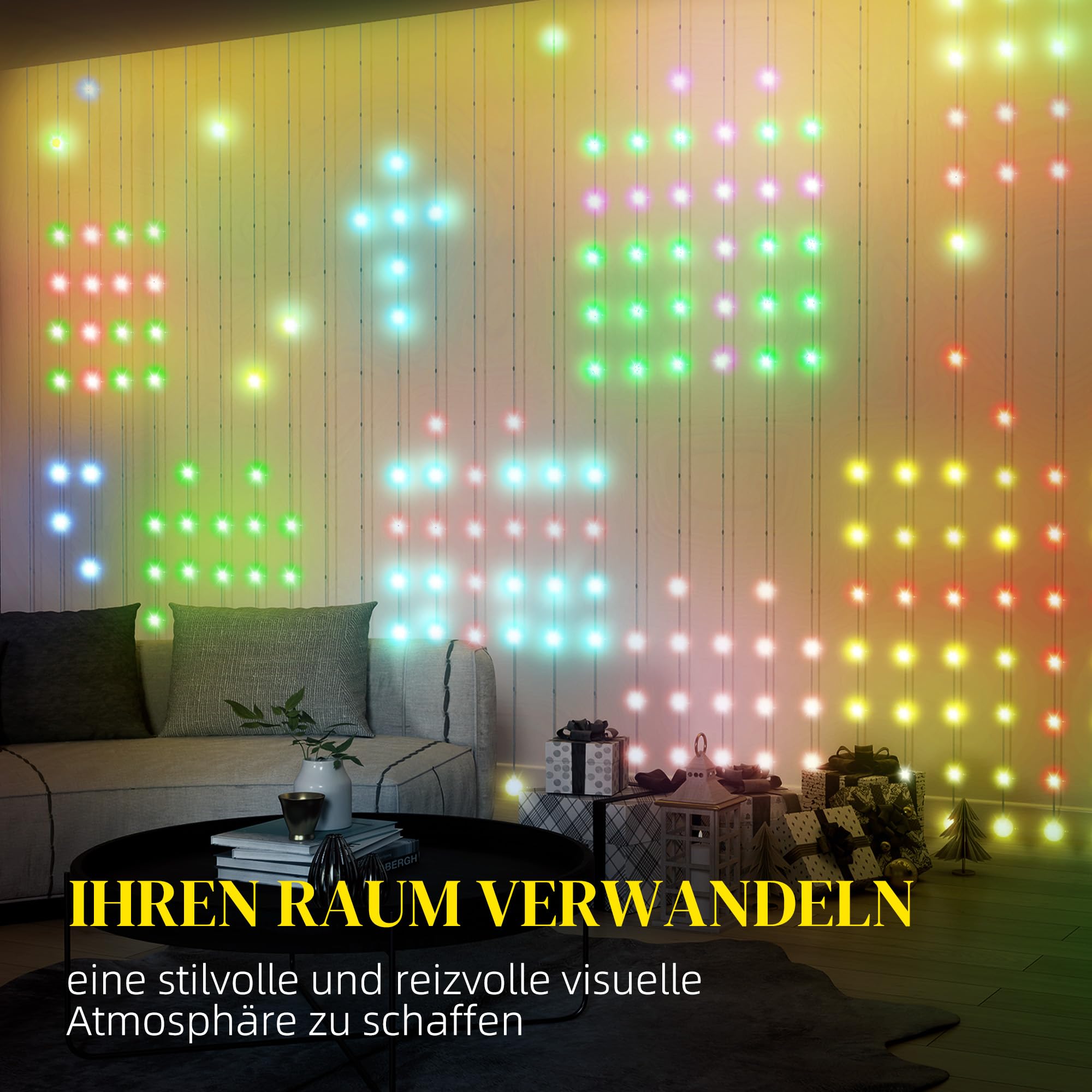 HOMCOM Lichterkette 3×3m 400 LEDs Lichtvorhang Verstellbare Helligkeit | Musik-Synchronisation, Szenenmodi, Timerfunktion, Lichterkettenvorhang, Innen Außen, IP44, Hochzeit, Party, Weihnachten