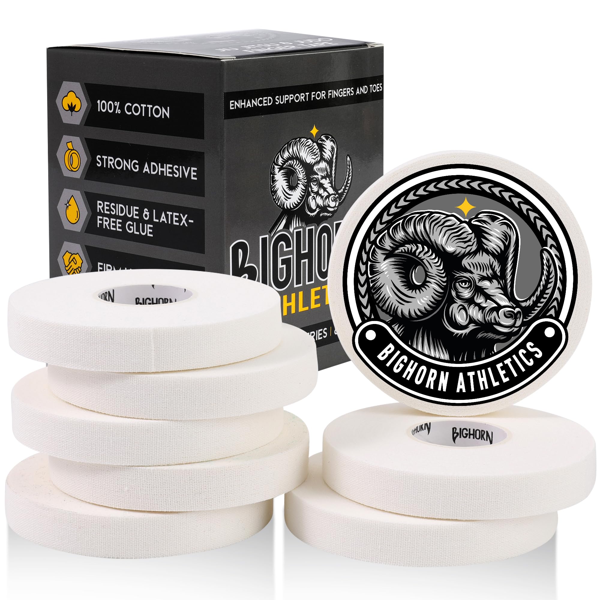 Bighorn Athletics Jiu Jitsu Finger Tape, Rock Climbing Tape | Multipurpose for Sports & Injuries: MMA, Volleyball, Football, Basketball, Tennis, Golf, Hands & Toes, 0.5-Inch x 45-feet, 8-Rolls, White White 0.5-Inch