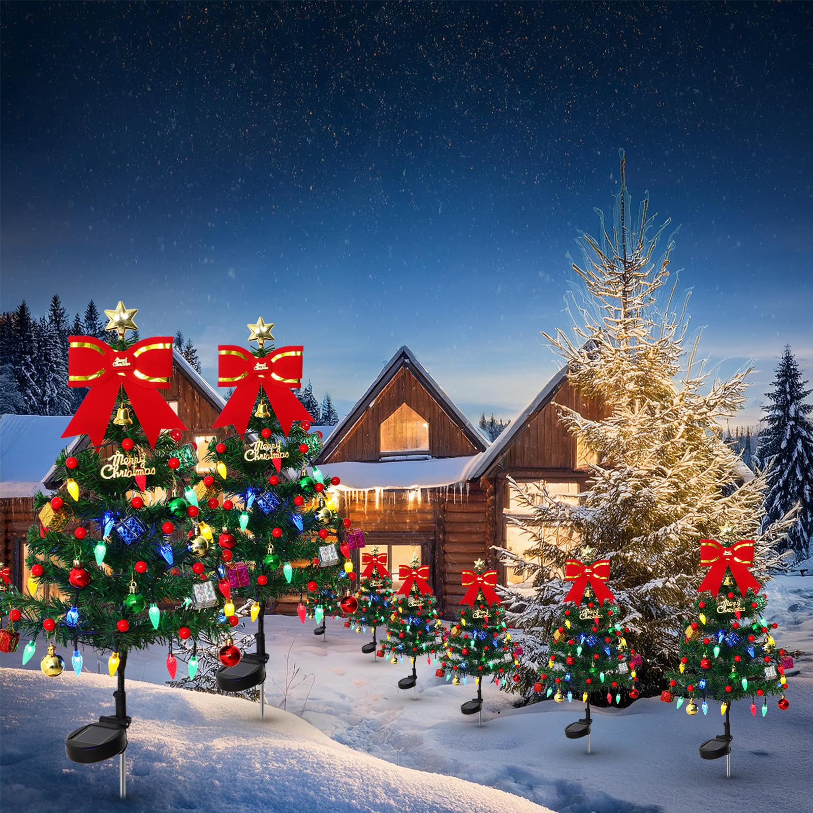 Dremisland 4 Piezas Mini Árbol de Navidad Artificial 85cm Arbol de Navidad con 80 Luces Led Caja de Regalo Adorno navideño Decoración de Navidad con Solar para Casa Oficina Patio Césped Caminos