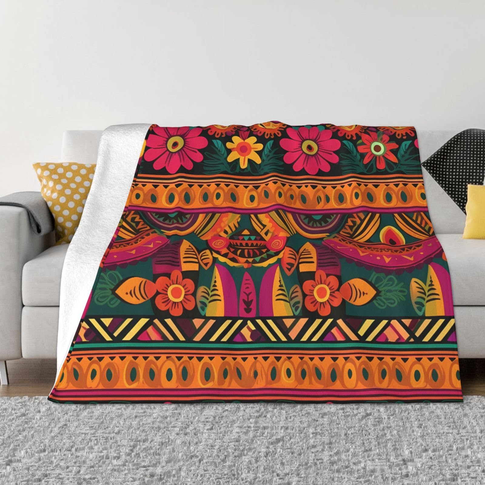 Mexican Folk Art Boho Fleece Blanket 40"x30" Lightweight Warm Throw Blanket for Bed Couch Cozy Air Conditioning Quilt All Seasons Decorative Fuzzy Blankets Gifts for Women Men
