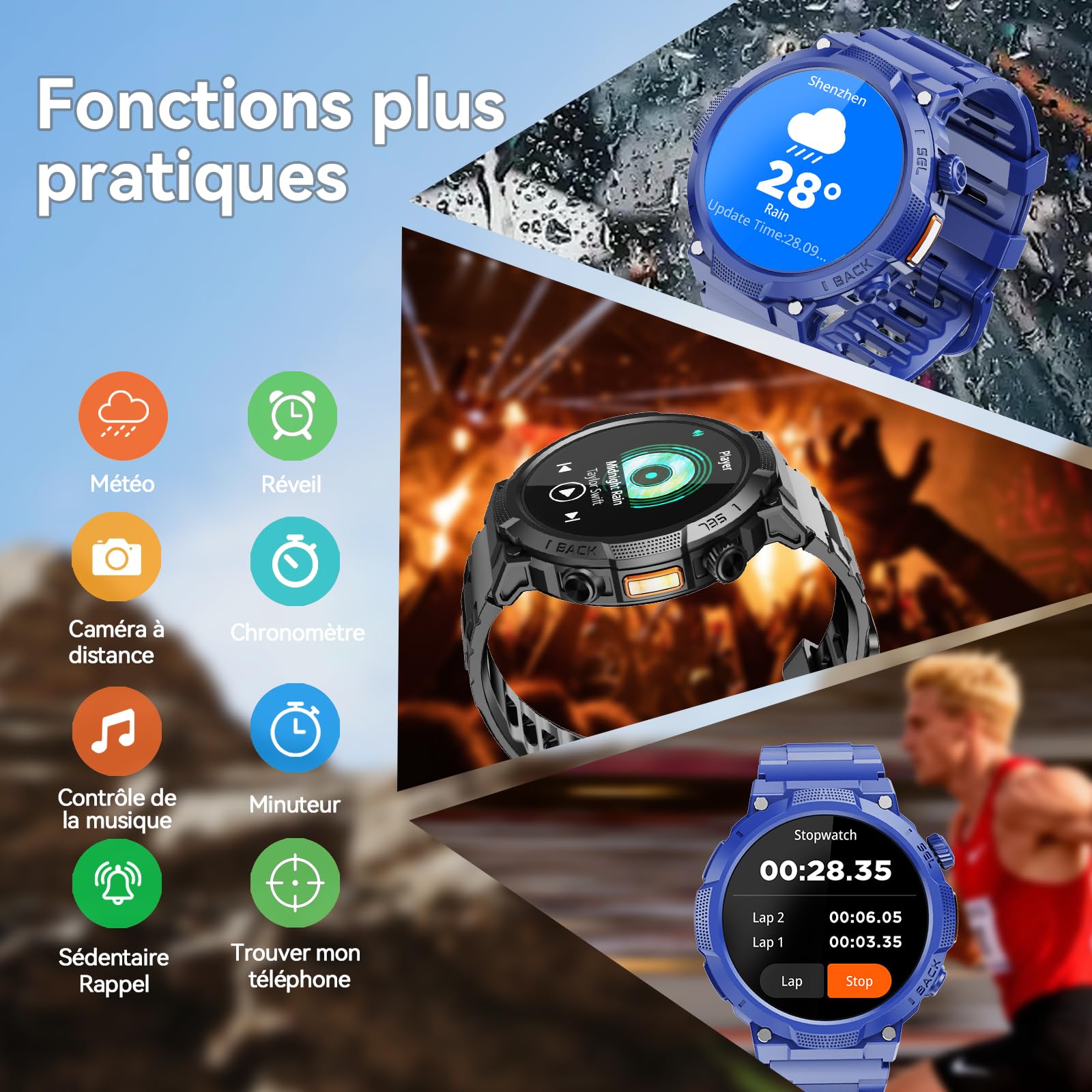 Soudorv Montre Connectée Homme, Militaire Smartwatch avec LED Lampe, Bleu