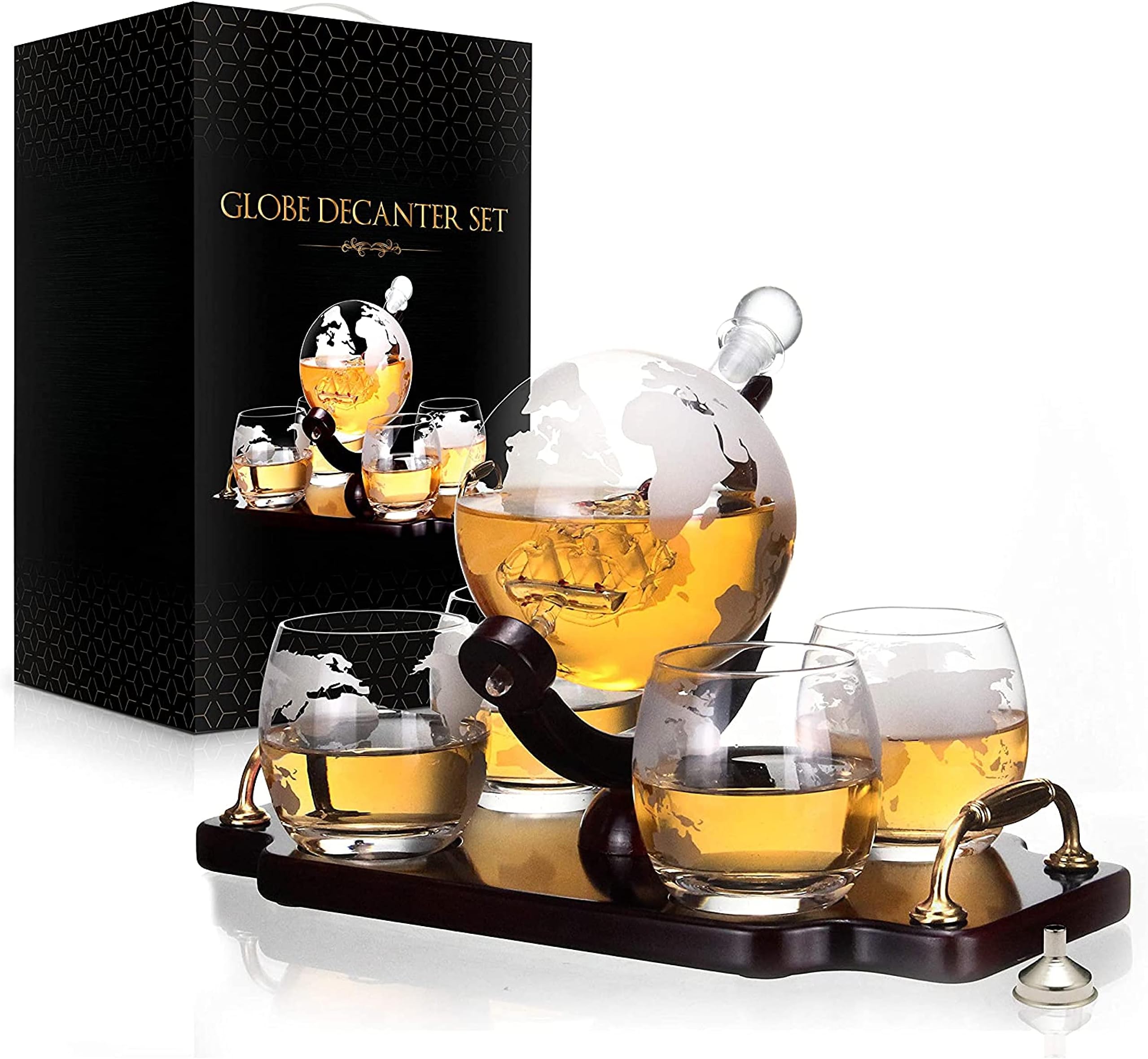 flybold Whiskey Globe Decanter and Glass Set Antique Ship Masterpiece Great Gift for Men 28 oz 850 ml 4 globe Glasses for Whisky Brandy Scotch Bourbon