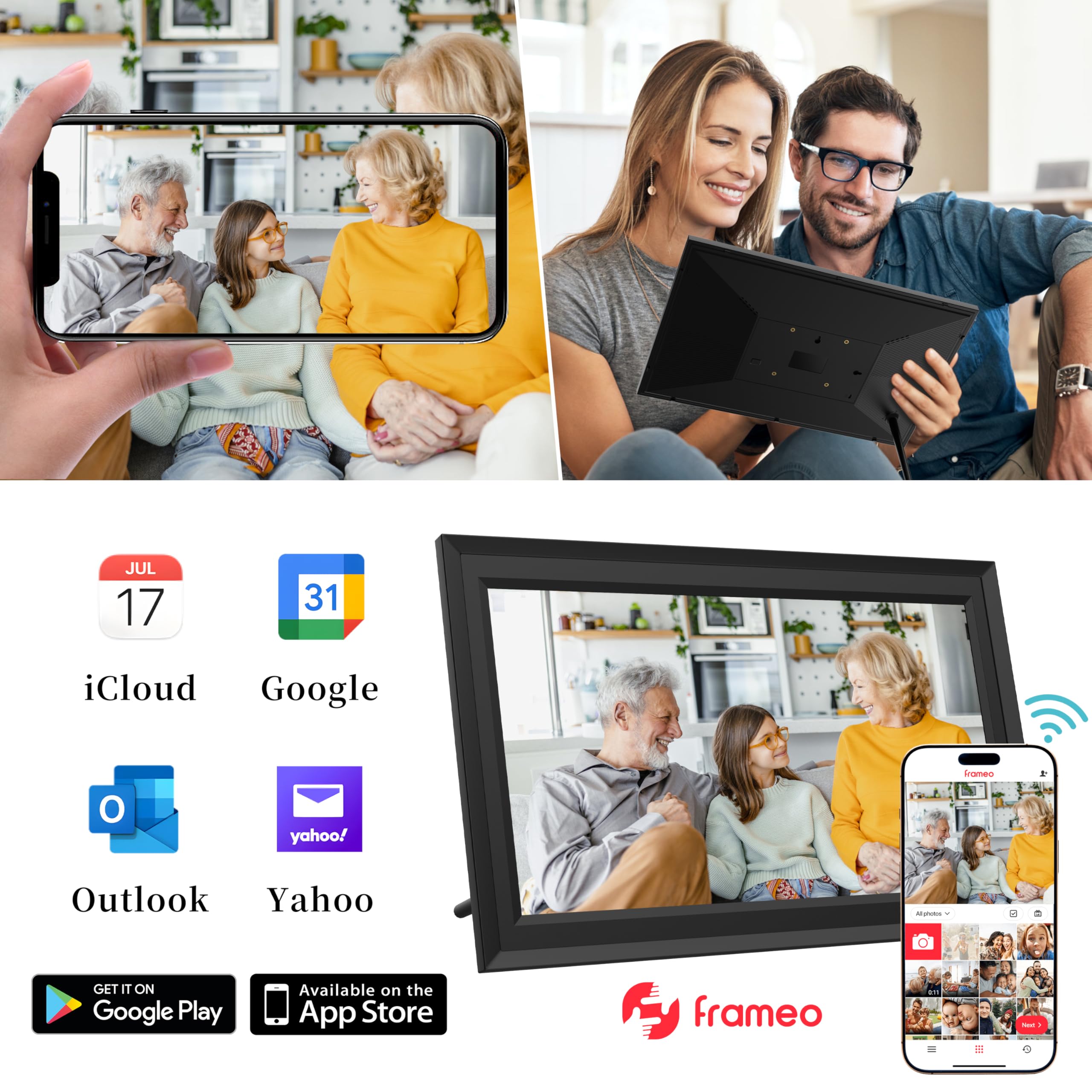 Cadre Photo numérique Wi-FI de 15,6 ", écran Tactile IPS, 1366 x 768, Noyer 32G, partagez des Photos ou des vidéos Via l'application Frameo Cadres Video Grand Format Rotation Automatique
