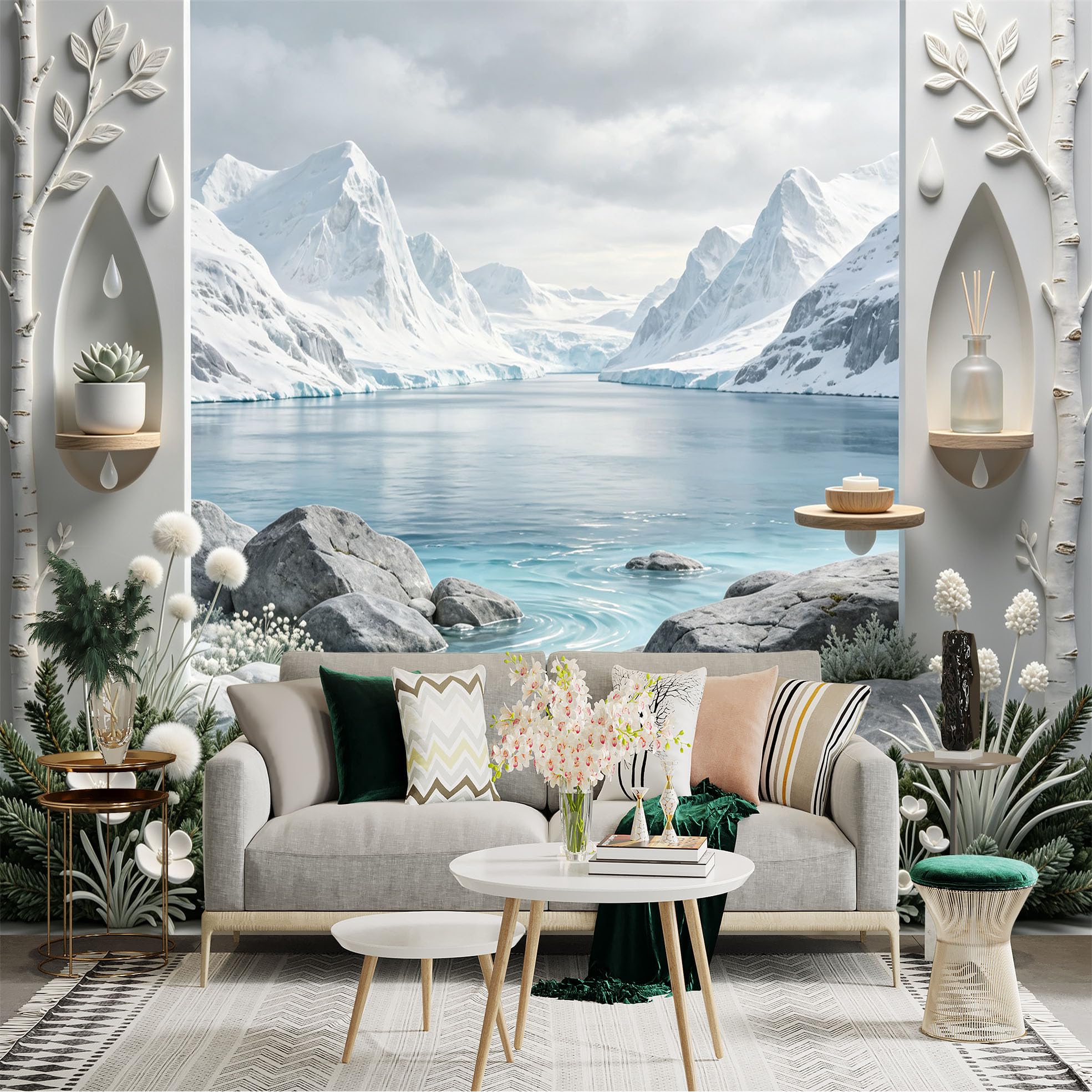 Lnzczhyre Bh260719005 Custom Size Wall Sticker Mural， Snowy Mountain Range， Serene Glacial Lake， Minimalist Archway View， Botanical Spa Elements， For Wall Decoration， Peelandstick Wall Decals.