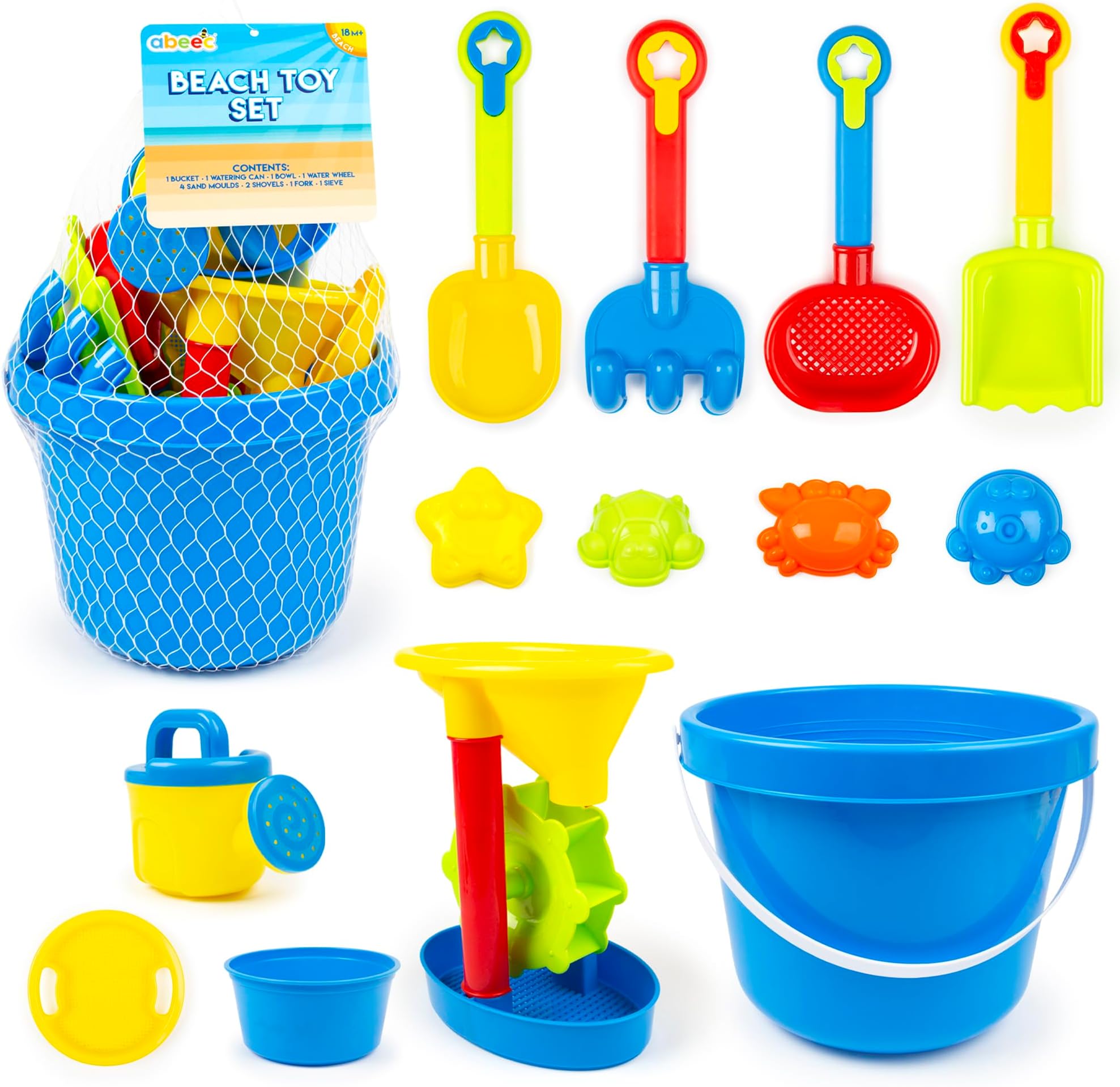 abeec Bucket Beach Toy Set – Outdoor Water and Sand Toys for Kids - 13pc Set - Set Includes: Bucket, Water Can, Bowl, Water Wheel, Sand Moulds, Shovels and More – Beach Toys for Water Play