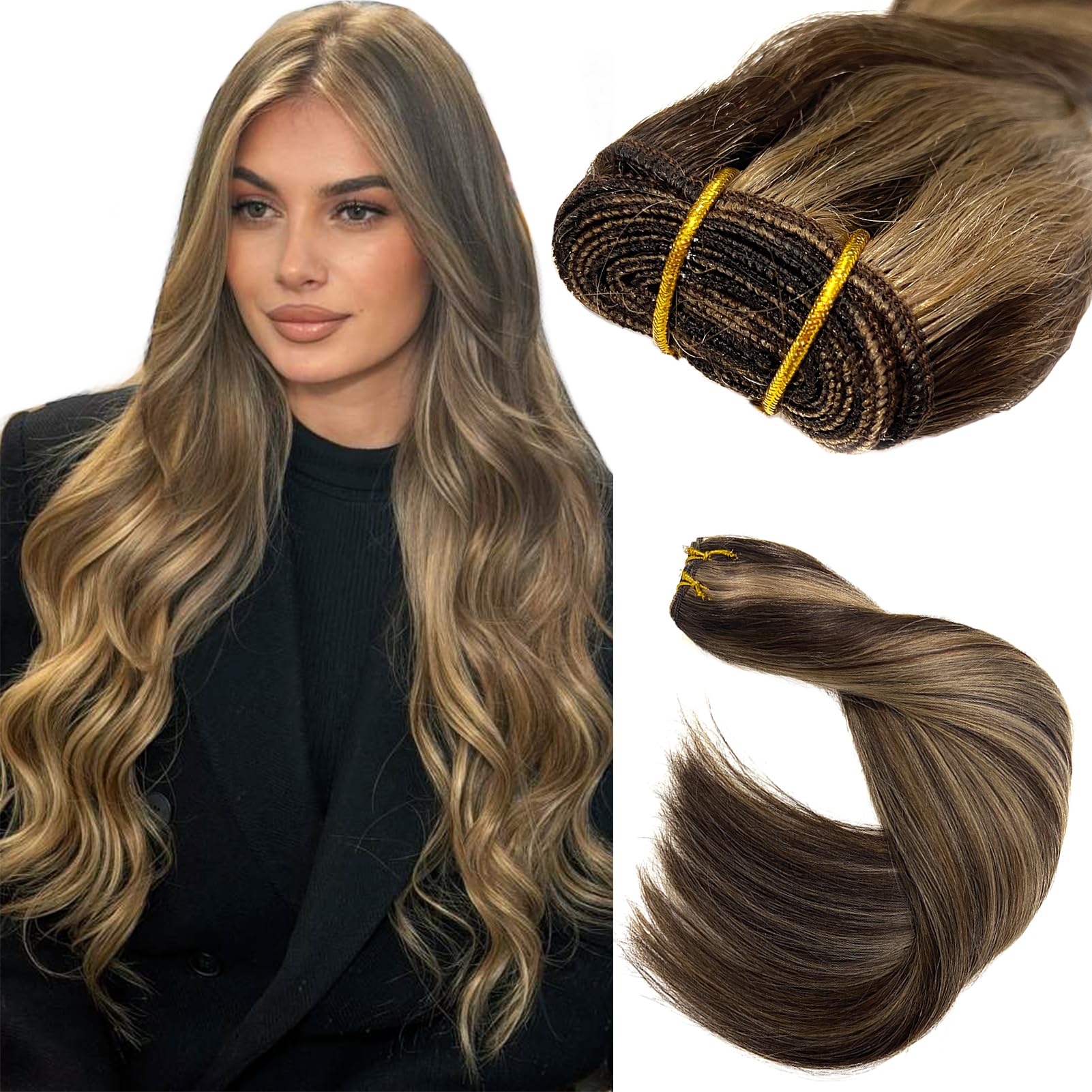 Photo 1 of Sew in Weft Hair Extensions Real Human Hair Bundles Dark Brown Balayage Ash Brown Highlights 20 Inch Remy Human Hair Wefts Hair Extensions Hand Tied Weft Hair Extension Human Hair