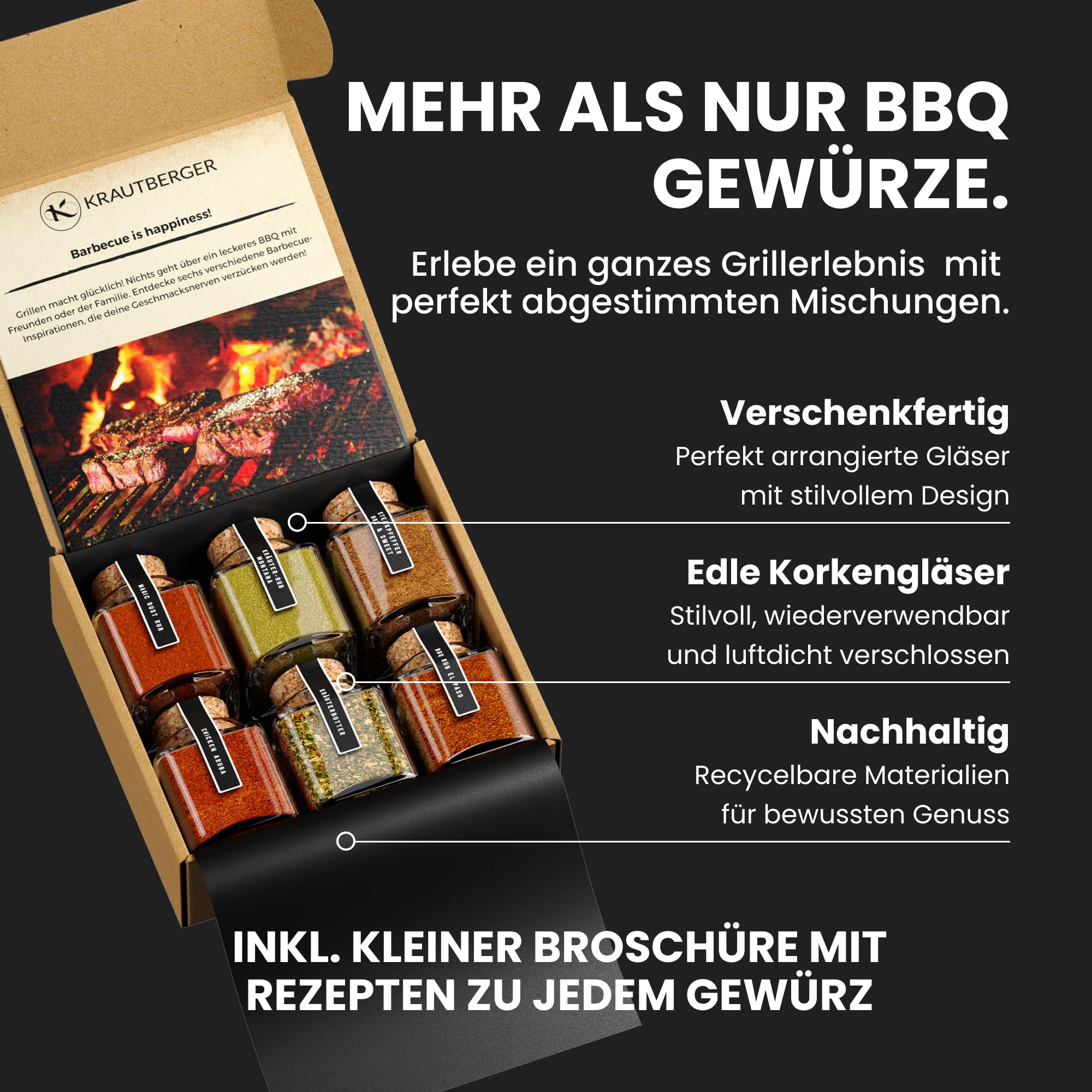 UMBRELLA® Coffret premium d’épices pour barbecue pour homme – 6 épices BBQ bio avec idées de recettes, poivre pour steak, beurre aux herbes et rubs BBQ pour les amateurs de grillades