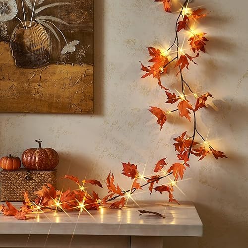 Miniatura 8 de Birchlitland Guirnalda de hojas de eucalipto con temporizador de luces de 6 pies 96 LED blanco cálido, guirnalda de otoño con luces funciona con