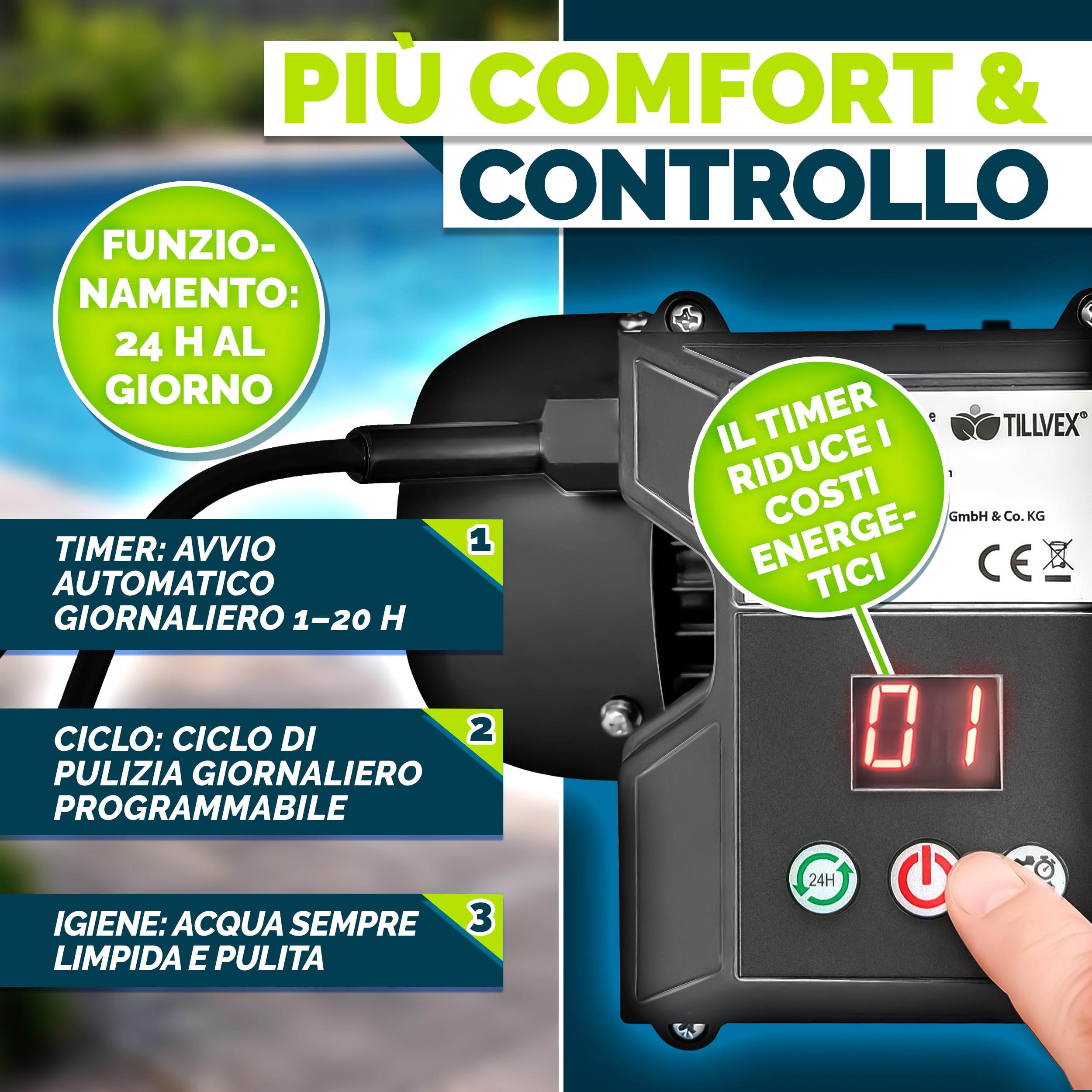 tillvex Pompa Filtro Piscina Portata 7.900L/h + 400g Filtro Balls | 7 funzioni | Adattatore 2in1 Ø32-38mm con indicatore di pressione | Filtro a sabbia per piscine (Blu con timer)