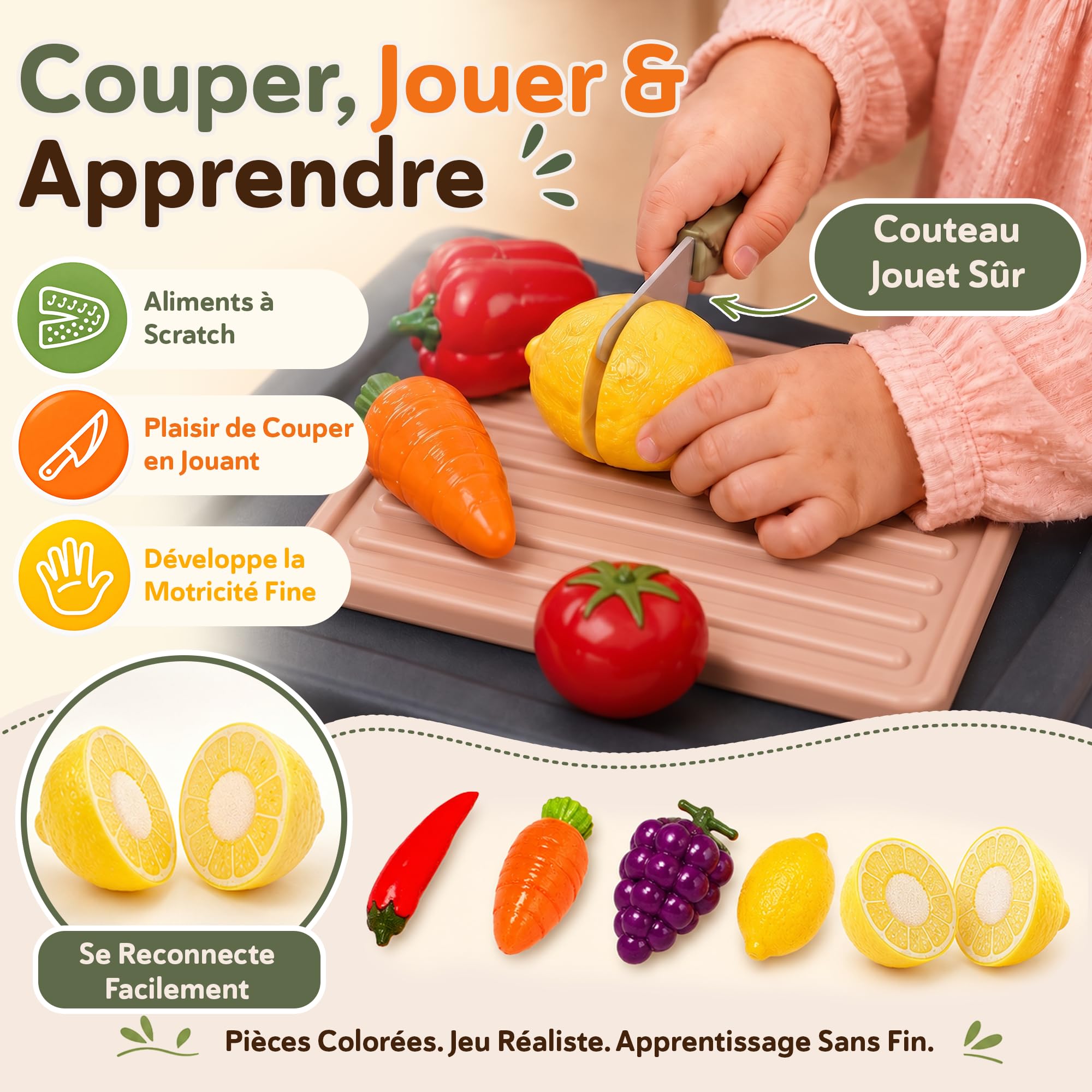 Kinderplay Cuisine Enfant - Hauteur 93.5 cm, Plan De Travail 46 cm - 65 Accessoires | Dinette | Cuisine Fille Complete, KP3297