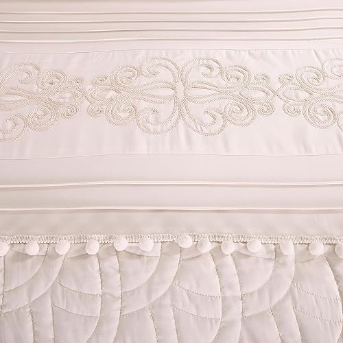 Miniatura 3 de Chezmoi Collection Grace - Juego de edredón de 7 piezas de felpilla bordada con pompones, diseño floral, color rosa rubor, tamaño matrimonial