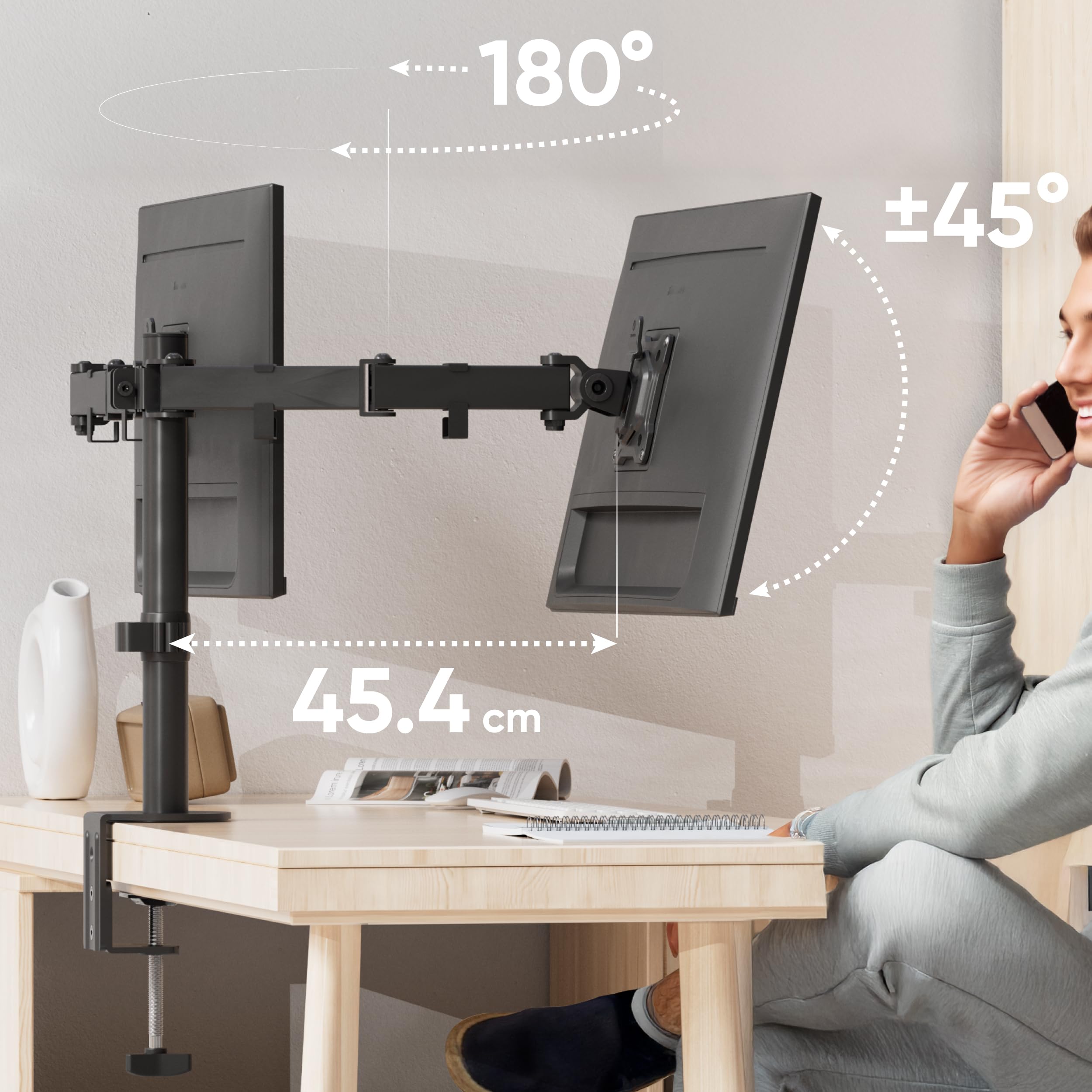 ONKRON Braccio Monitor Doppio 13"-32", Carico Totale 16 kg, Supporto Monitor con VESA 75x75-100x100 mm, Supporto Schermo PC Scrivania Girevole e Inclinabile, Porta Schermo Universale, Nero D221E-B