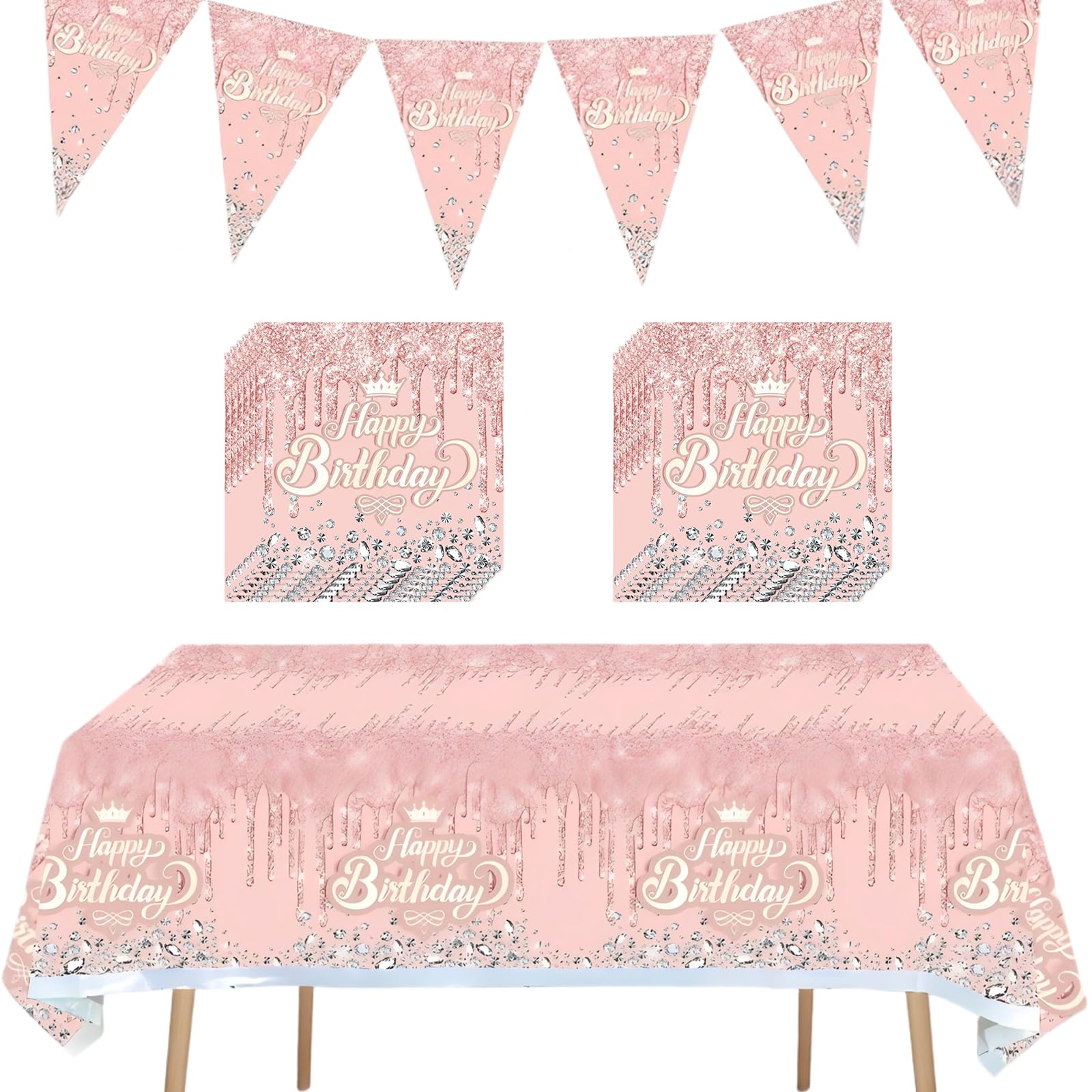 Pink Glitter Happy Birthday Party Decorations Set with Tablecover, Napkins & Bunting - Silver Sparkle Tablecloth for Women's 18th 21st 30th 40th 50th Milestone Celebrations, Dinner Indoor Decor
