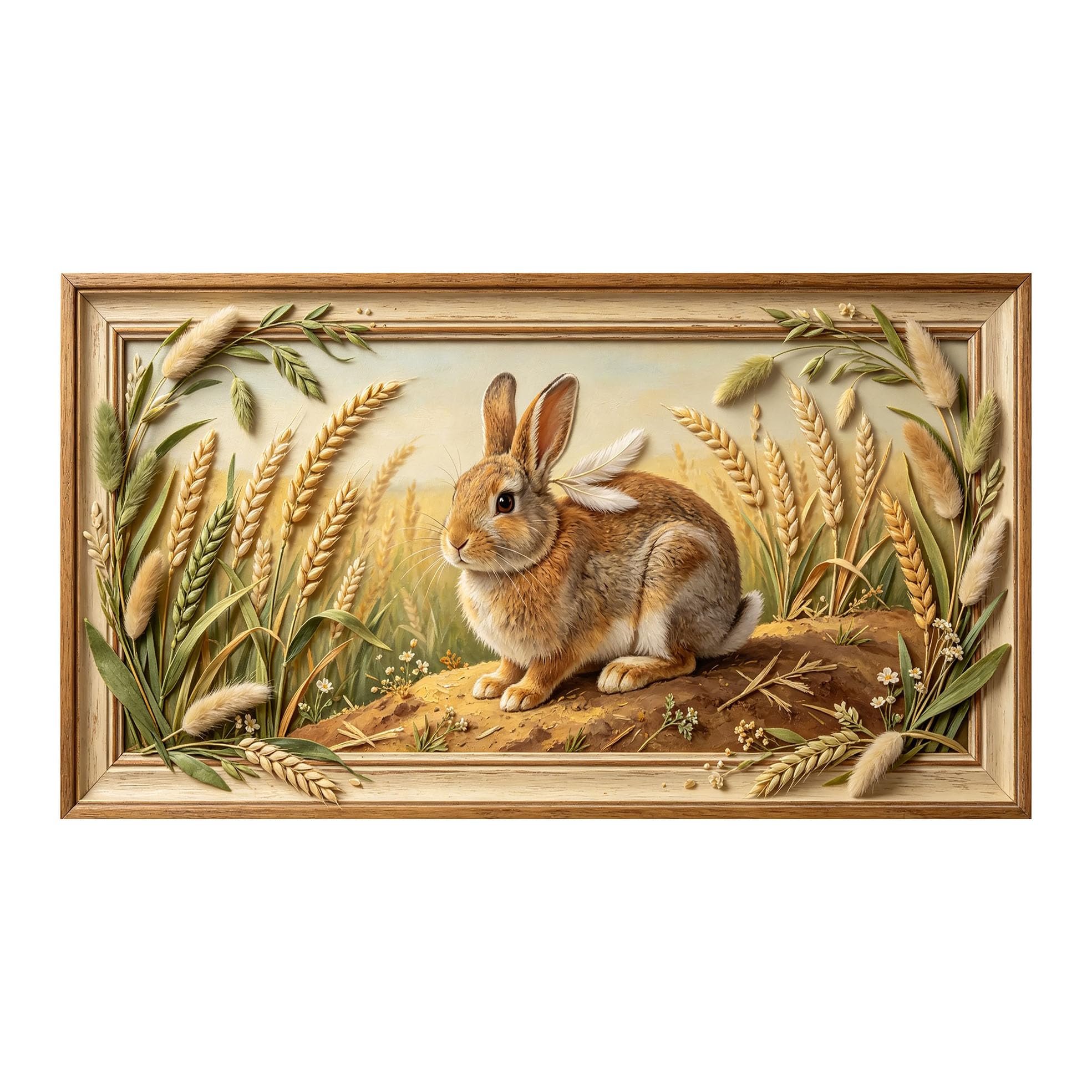 Yzpallescene 3D 3D Framed Wall Art 50cm×90cm Countryside Rabbit Wheat Field Pastoral Oil Painting Large Size SelfAdhesive Removable Wall Decor Prints Artwork for Living Room Bedroom Office