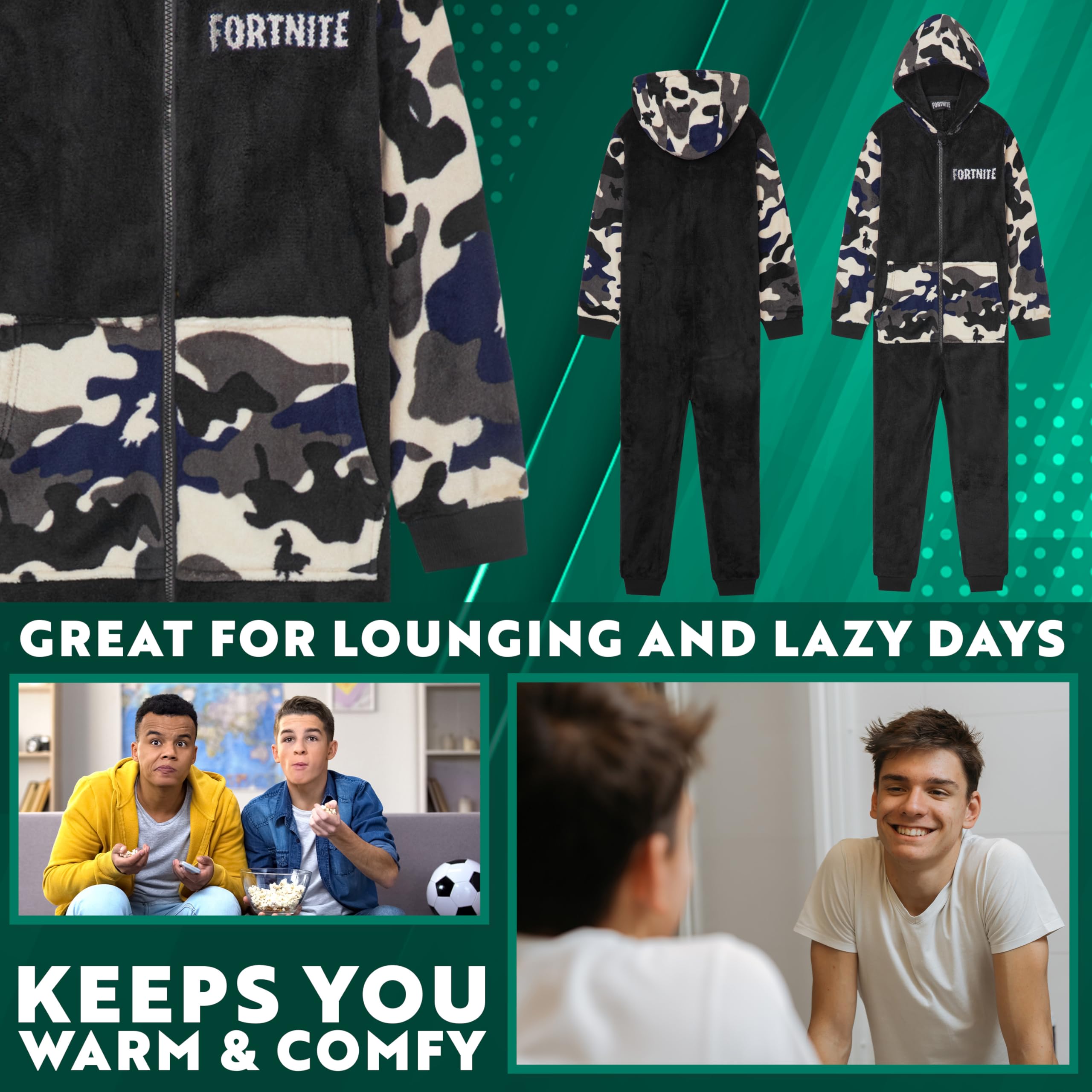 Get Trend Fortnite Grenouillere Adolescent Garcon Combinaison Enfant Pyjama Combinaison Polaire avec Capuche Idée Cadeau Gamer (13-14 Ans, Noir Camo Fortnite)