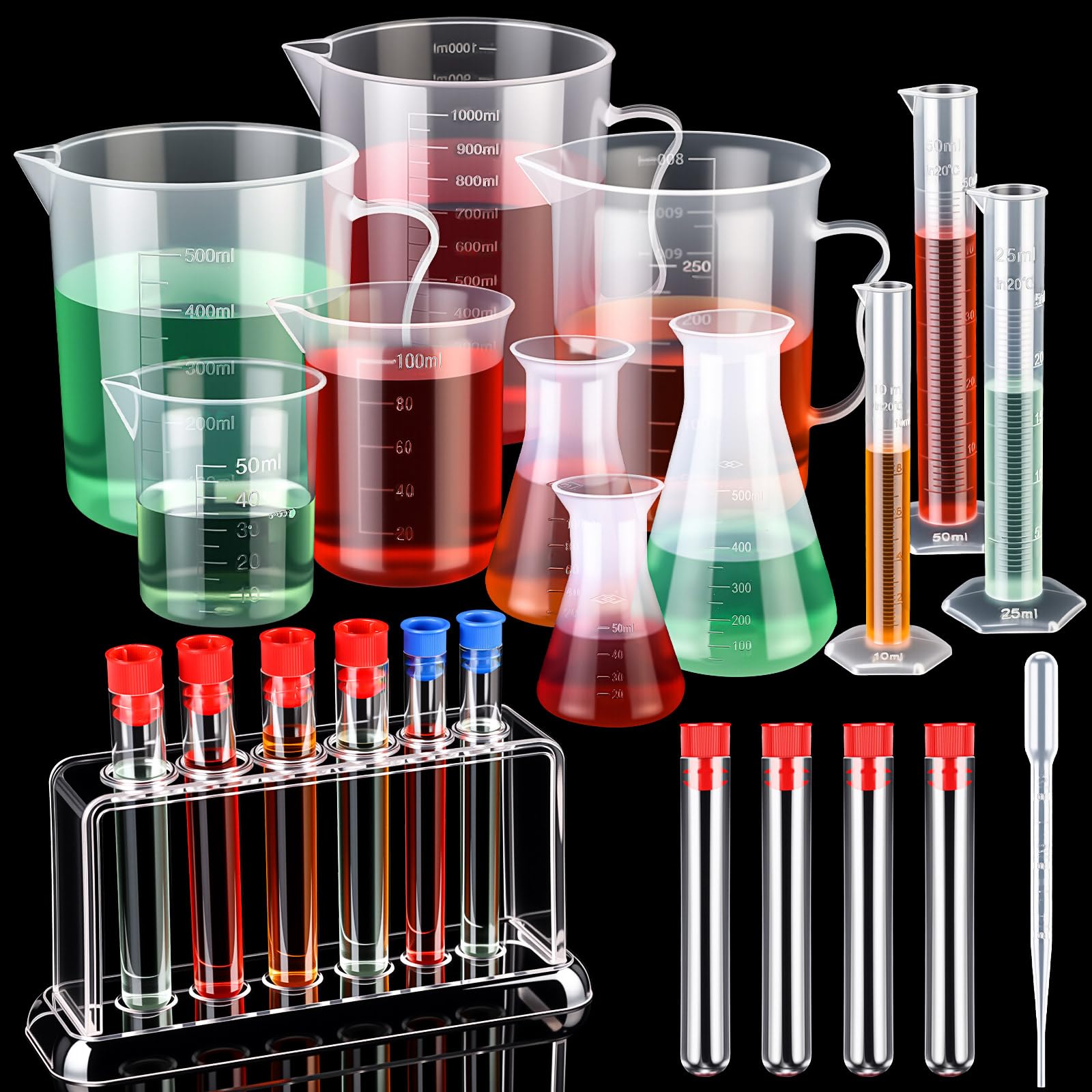 Baderke 28 Pcs Beakers and Test Tubes Set Including 3 Graduated Cylinder 5 Plastic Beakers 3 Erlenmeyer Flask 10 Droppers 6 Plastic Test Tubes with